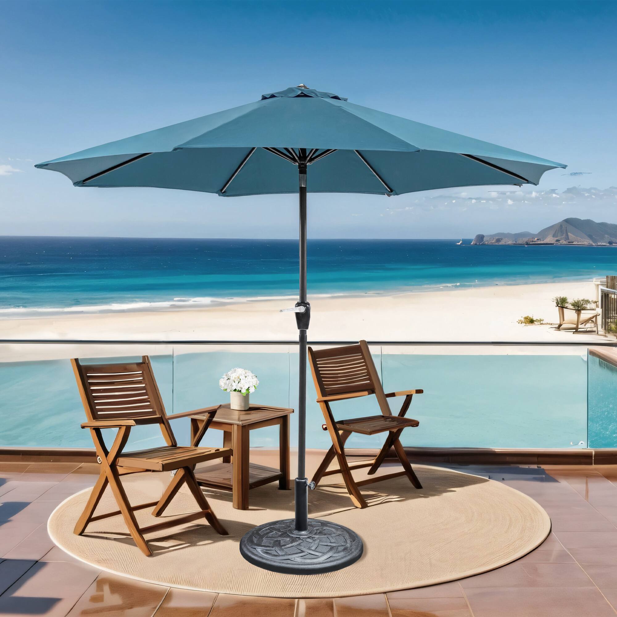 Left. Vaczon - Auto-Tilt 9' Patio Umbrella with 21" Round Base, Fabric Canopy Steel Frame for Beach & Patio - Blue.