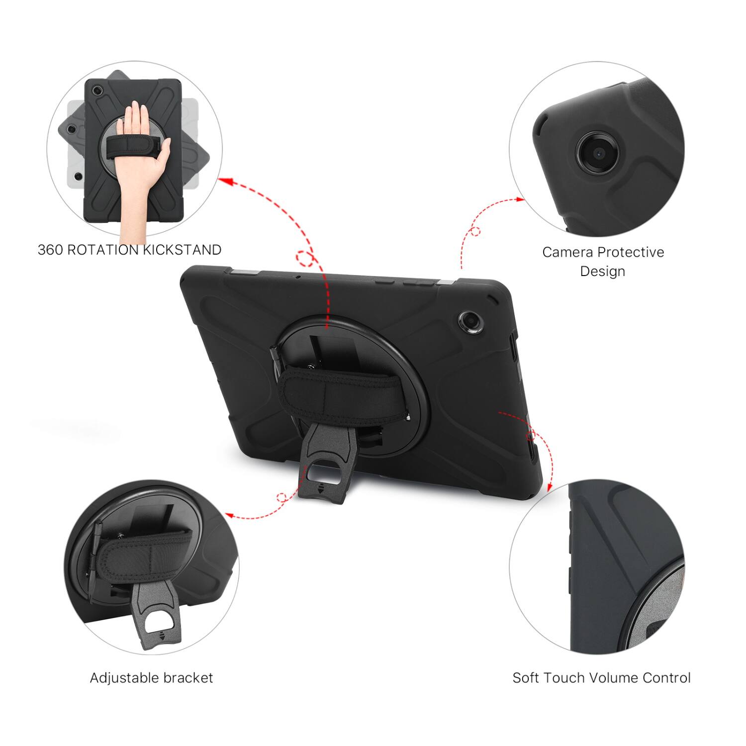 360 Rotation Kickstand  
Camera Protective Design  
Adjustable Bracket  
Soft Touch Volume Control