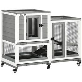 Pawhut - Indoor Rabbit Hutch, Three Story Wooden Rabbit Cage with Runs, Wheels, Waterproof Roof, Removable Trays