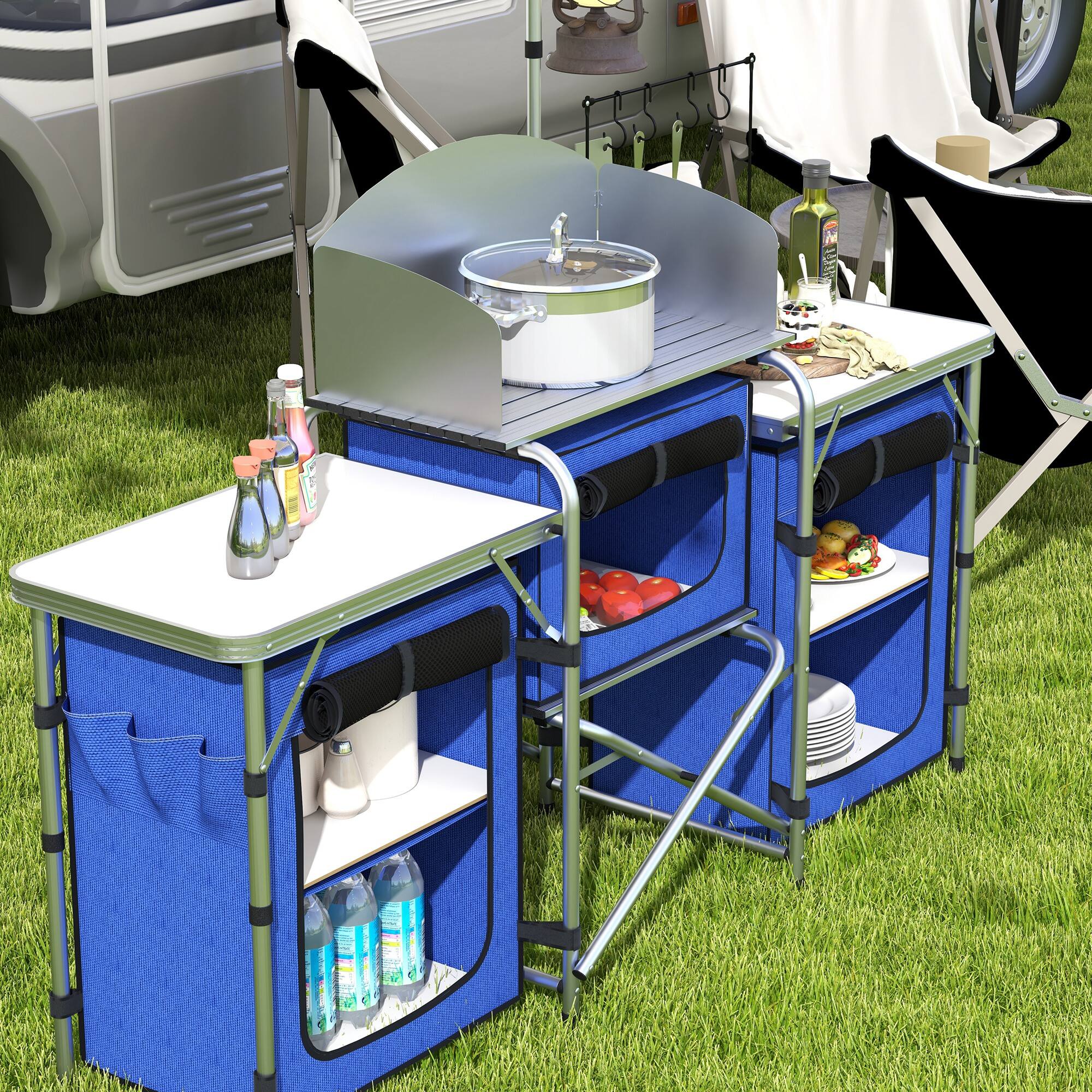 Alt View 4. Outsunny - Outsunny Camping Kitchen Table, Portable Folding Camp Kitchen, Aluminum Cook Station - Blue.