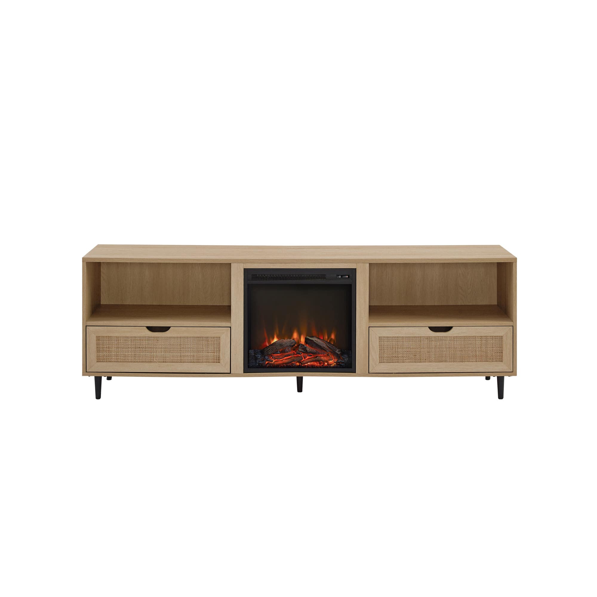 Front. Walker Edison - Boho Rattan-Door Electric Fireplace Console - Coastal Oak.