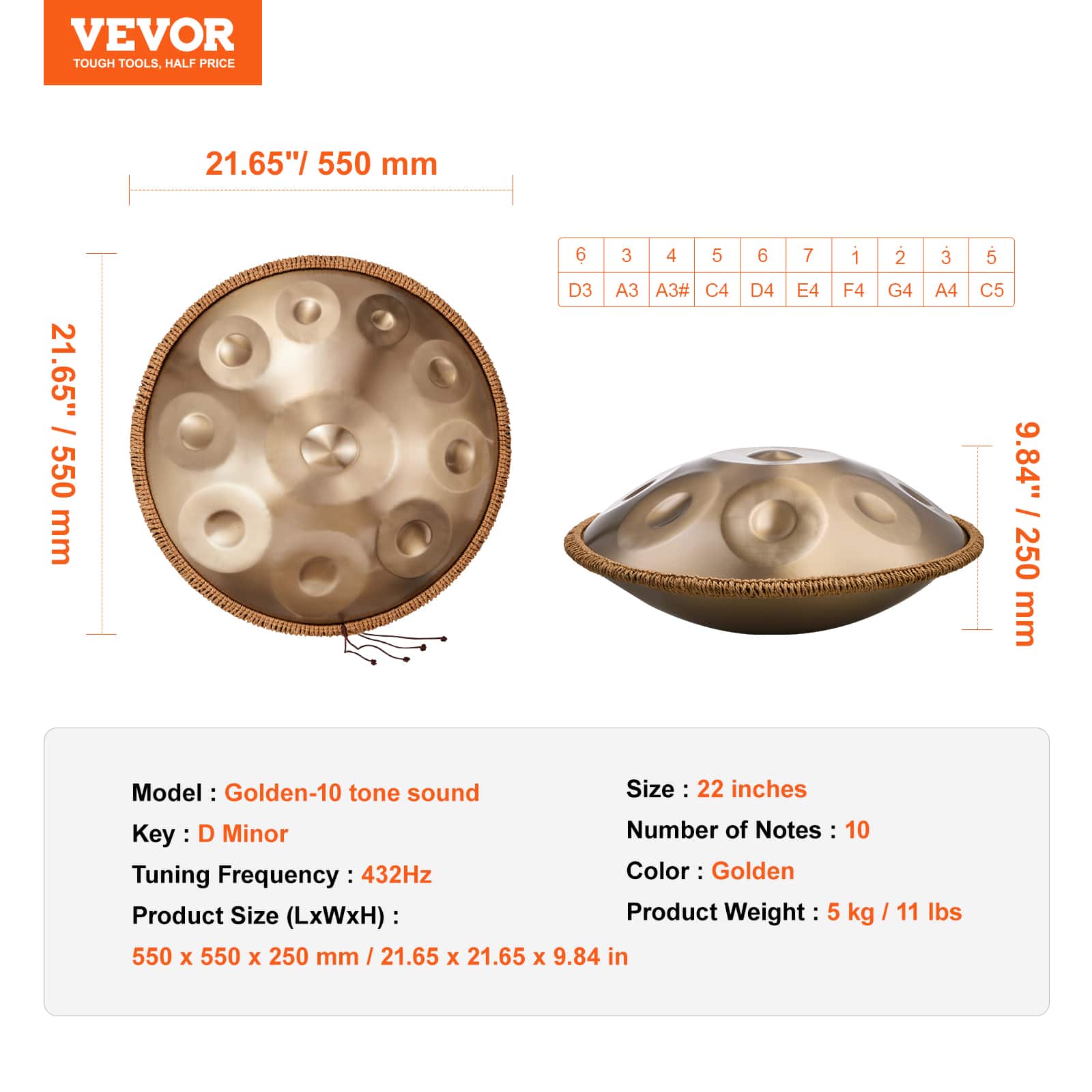 VEVOR
TOUGH TOOLS, HALF PRICE
21.65" / 550 mm
6 3 4 5 6 7 1 2 3 5
D3 A3 A3# C4 D4 E4 F4 G4 A4 C5
Model: Golden-10 tone sound
Key: D Minor
Tuning Frequency: 432Hz
Product Size (LxWxH): 550 x 550 x 250 mm / 21.65 x 21.65 x 9.84 in
Size: 22 inches
Number of Notes: 10
Color: Golden
Product Weight: 5 kg / 11 lbs
9.84" / 250 mm