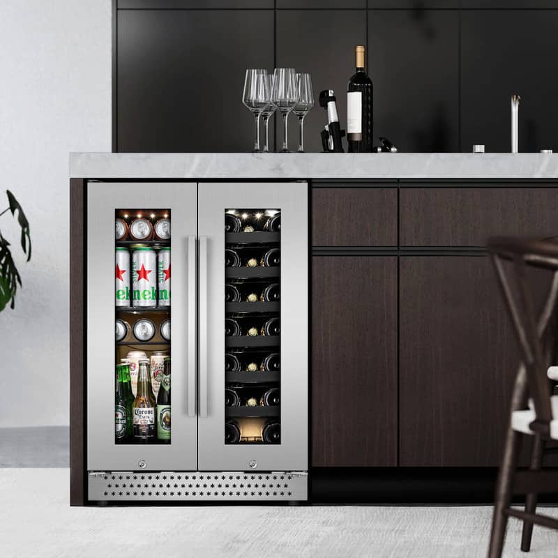 HOOURE - Dual Zone 24 in. Built-In 20-Bottle and 88-Can Beverage and Wine Cooler Fridge with French Doors - Stainless steel