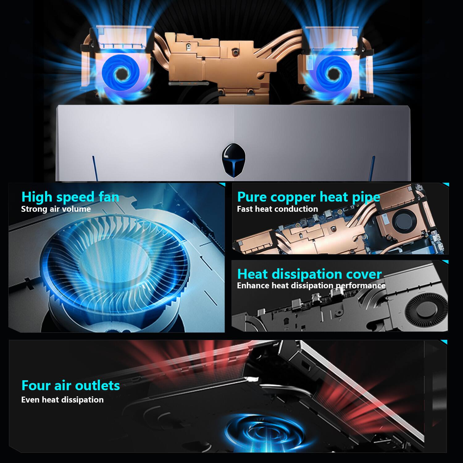 - High speed fan
  - Strong air volume

- Pure copper heat pipe
  - Fast heat conduction

- Heat dissipation cover
  - Enhance heat dissipation performance

- Four air outlets
  - Even heat dissipation