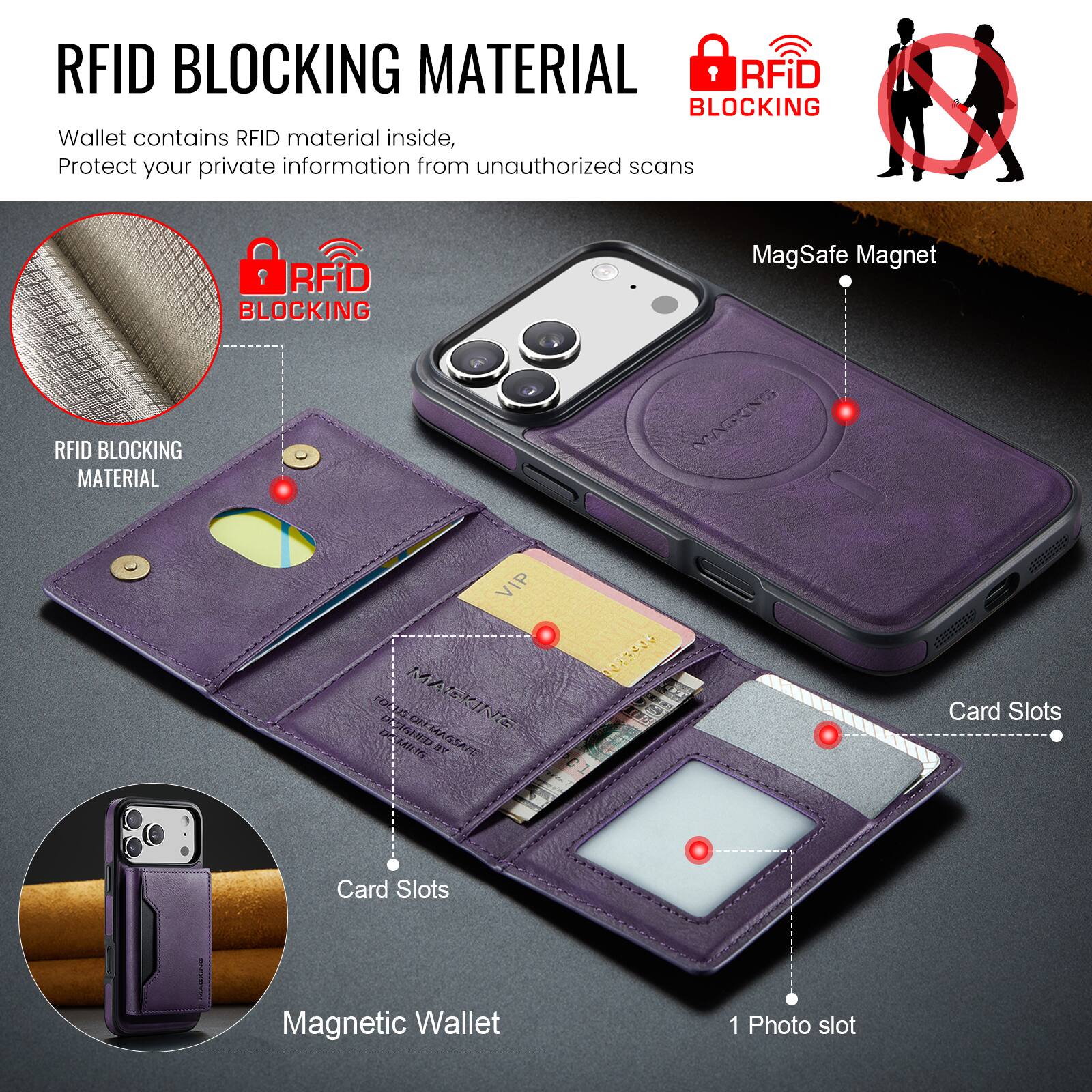RFID BLOCKING MATERIAL

Wallet contains RFID material inside, Protect your private information from unauthorized scans

RFID BLOCKING MATERIAL

RFiD BLOCKING Wallet contains RFID material inside, Protect your private information from unauthorized scans

RFiD BLOCKING MagSafe Magnet RFID BLOCKING MATERIAL

VIP MA 05.024 RI N JAIIG KASSA

Card Slots

Card Slots

Magnetic Wallet

1 Photo slot