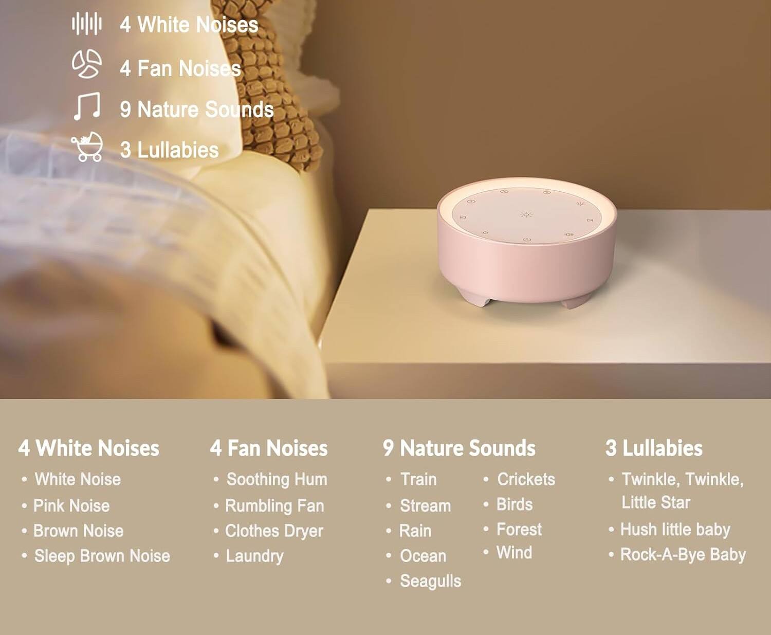 4 White Noises  
4 Fan Noises  
9 Nature Sounds  
3 Lullabies  

4 White Noises  
- White Noise  
- Pink Noise  
- Brown Noise  
- Sleep Brown Noise  

4 Fan Noises  
- Soothing Hum  
- Rumbling Fan  
- Clothes Dryer  
- Laundry  

9 Nature Sounds  
- Train  
- Stream  
- Rain  
- Ocean  
- Seagulls  
- Crickets  
- Birds  
- Forest  
- Wind  

3 Lullabies  
- Twinkle, Twinkle, Little Star  
- Hush little baby  
- Rock-A-Bye Baby