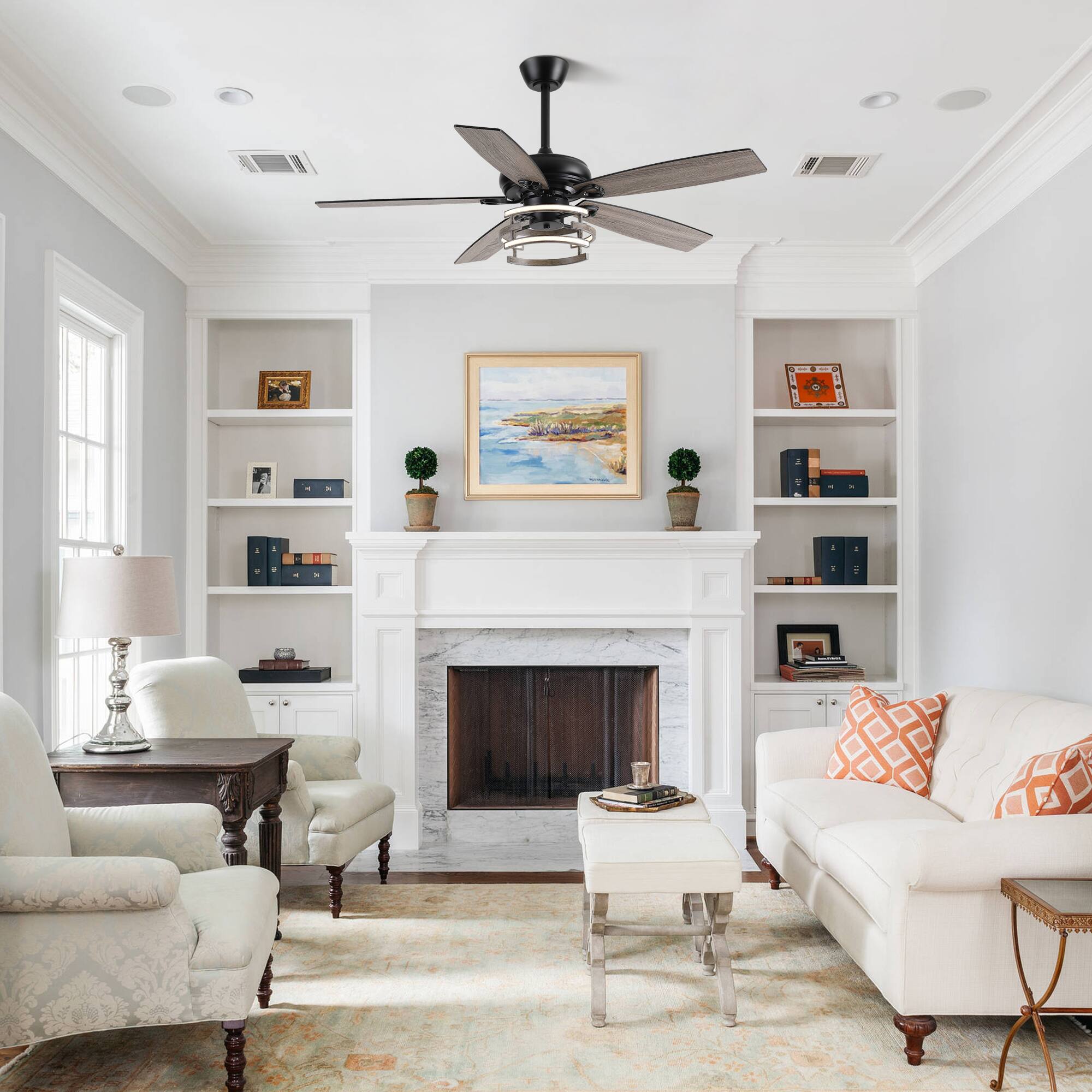 Angle. Parrot Uncle - 52" Farmhouse Reversible Blades Dimmable LED Strip Ceiling Fan with Remote and Light - Matte Black.