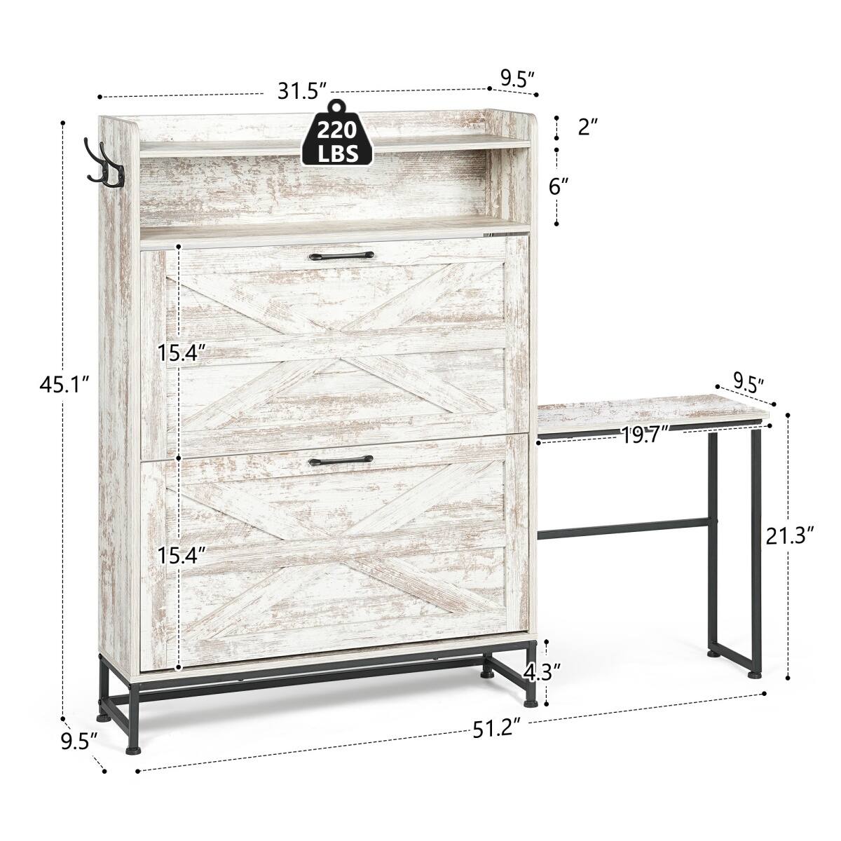 - 31.5" (width)
- 220 LBS (weight capacity)
- 9.5" (depth of shelf)
- 2" (depth of top shelf)
- 6" (depth of second shelf)
- 45.1" (height)
- 15.4" (height of drawer)
- 9.5" (depth of drawer)
- 19.7" (width of shelf)
- 21.3" (width of shelf)
- 4.3" (height of shelf)
- 9.5" (depth of bottom shelf)
- 51.2" (overall height)