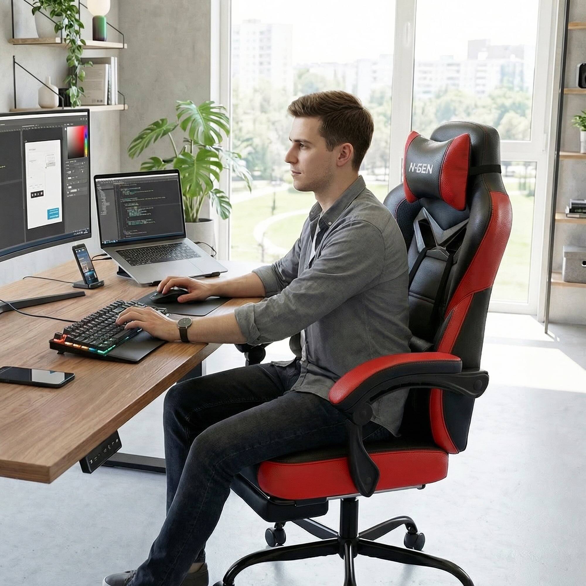 Alt View 6. Neo Chair - Gaming Chair with Footrest, Heavy Duty 400 lbs, Ergonomic Chair with Headrest and Lumbar Support,  PU Leather Recliner - Big & Tall Red.