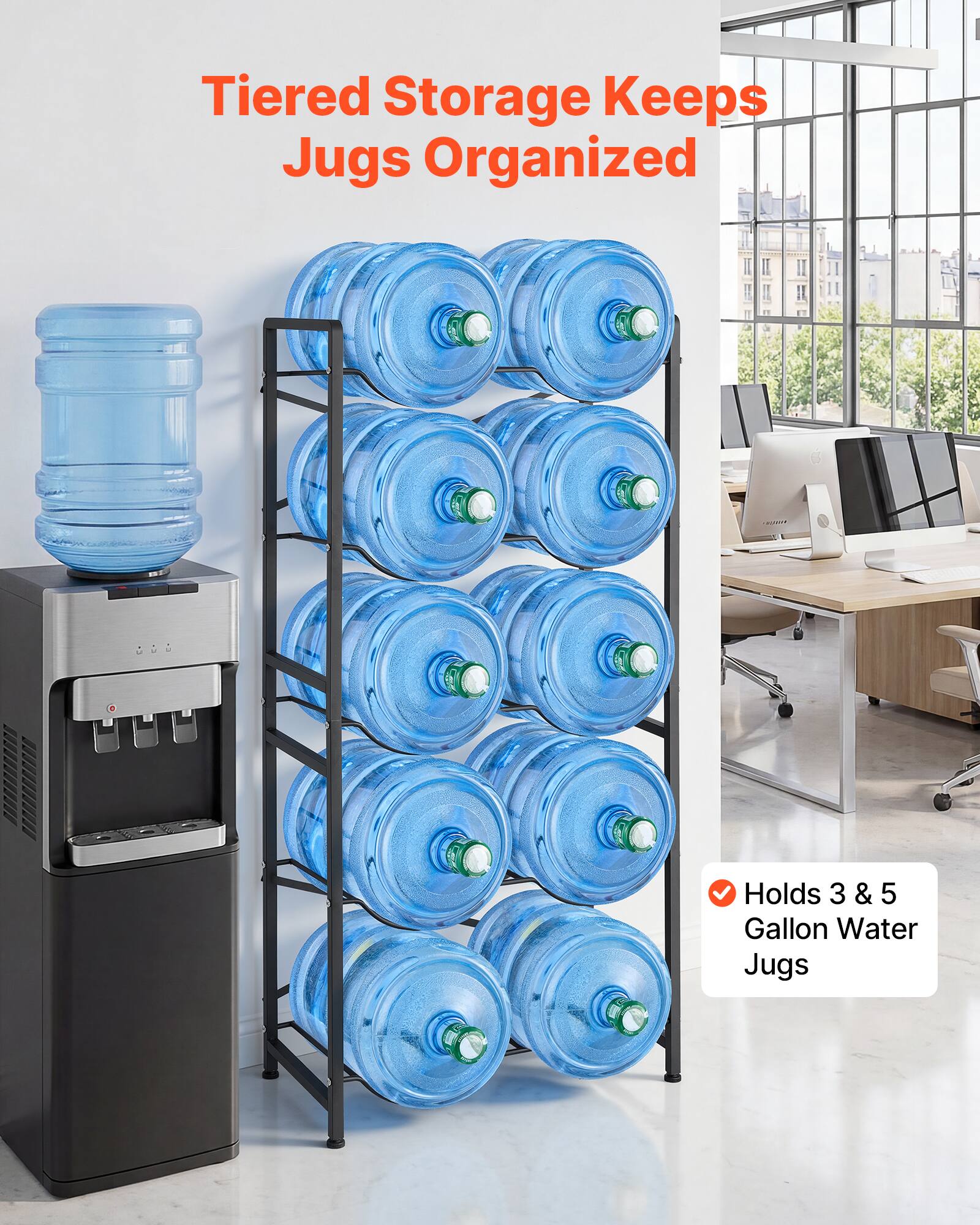 Tiered Storage Keeps Jugs Organized! Holds 3 & 5 Gallon Water Jugs