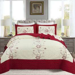 MarCielo - 3 Piece Queen Size Embroidery Quilt Set Lightweight Bedspread Set Queen - Red and Cream