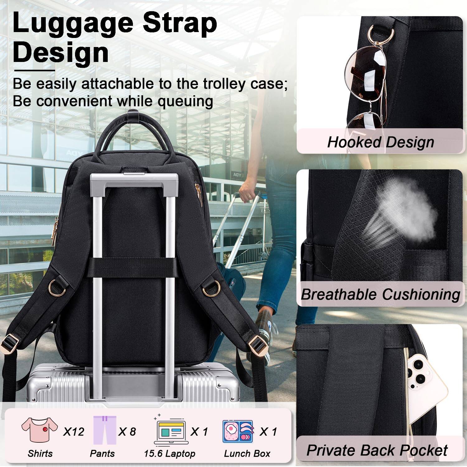 Alt View 5. Live At Space - Lunch Backpack For Women 15.6 Inch Laptop Backpacks Travel Work Pack Teacher Nurse Insulated Lunchbox - Black.