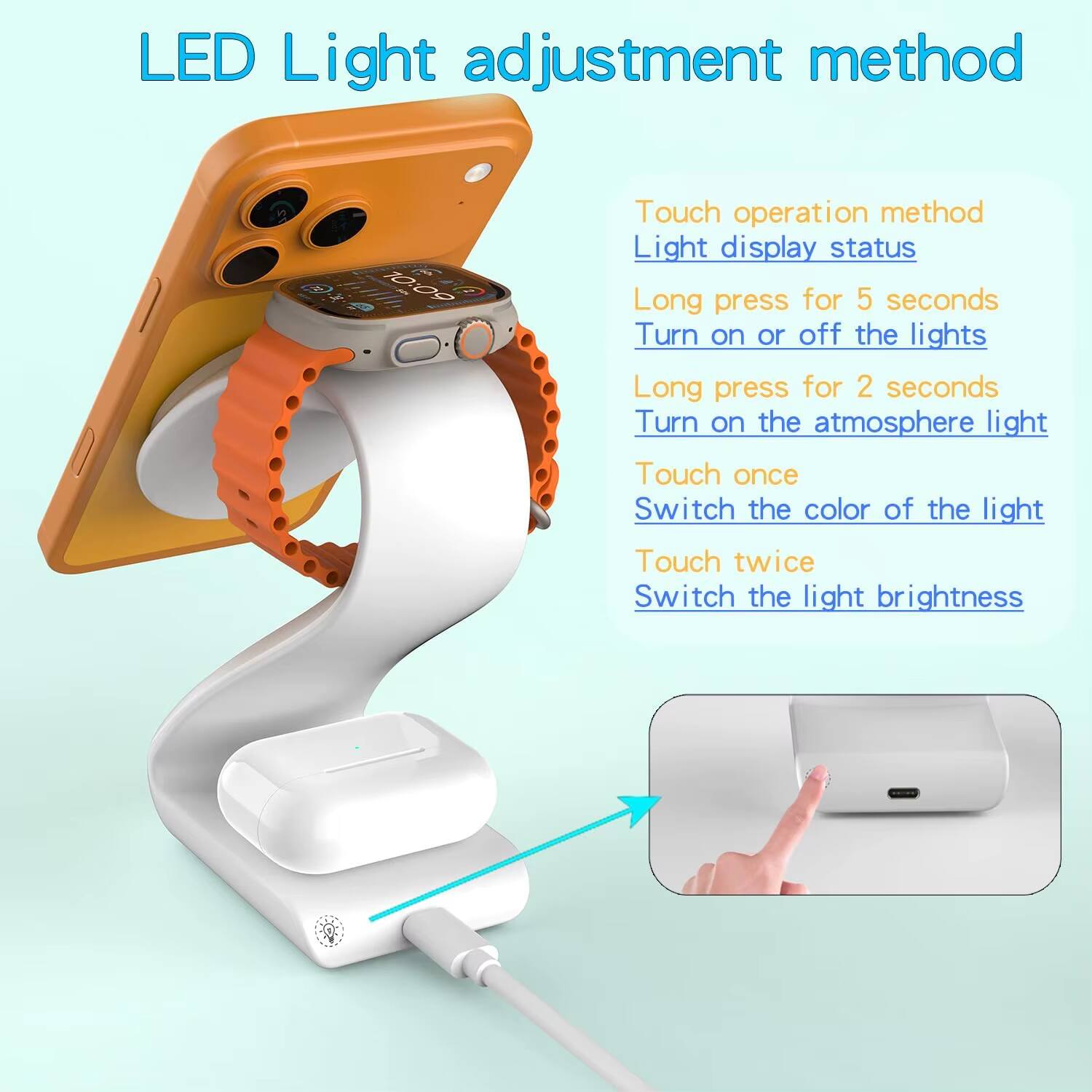 LED Light adjustment method

Touch operation method  
Light display status  
- Long press for 5 seconds: Turn on or off the lights  
- Long press for 2 seconds: Turn on the atmosphere light  
- Touch once: Switch the color of the light  
- Touch twice: Switch the light brightness