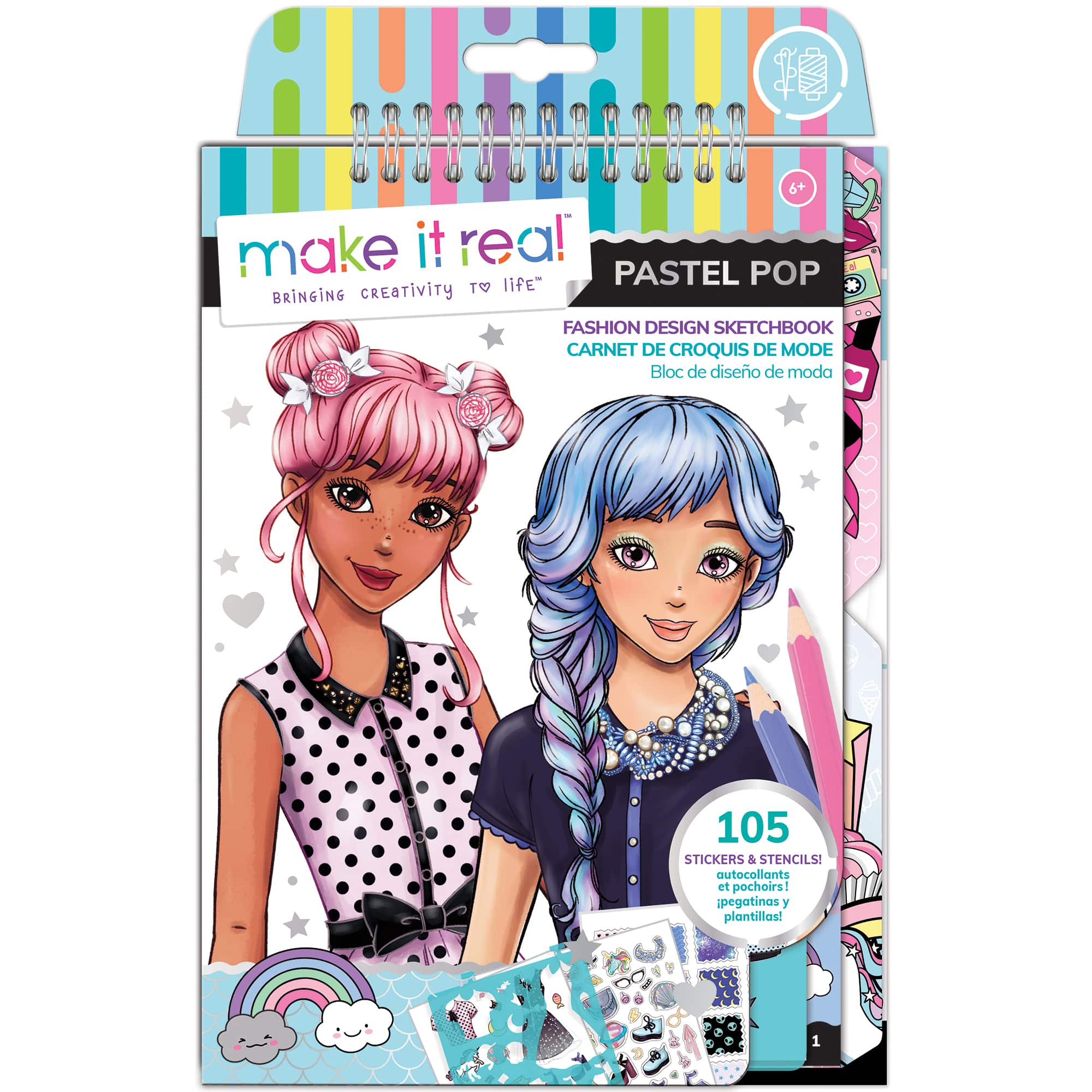 "Make it real" pastel pop creativity to bring fashion design sketchbook carnet de croquis de mode 105 stickers & stencils! autocollants et pochoirs! pegatinas y plantillas!
