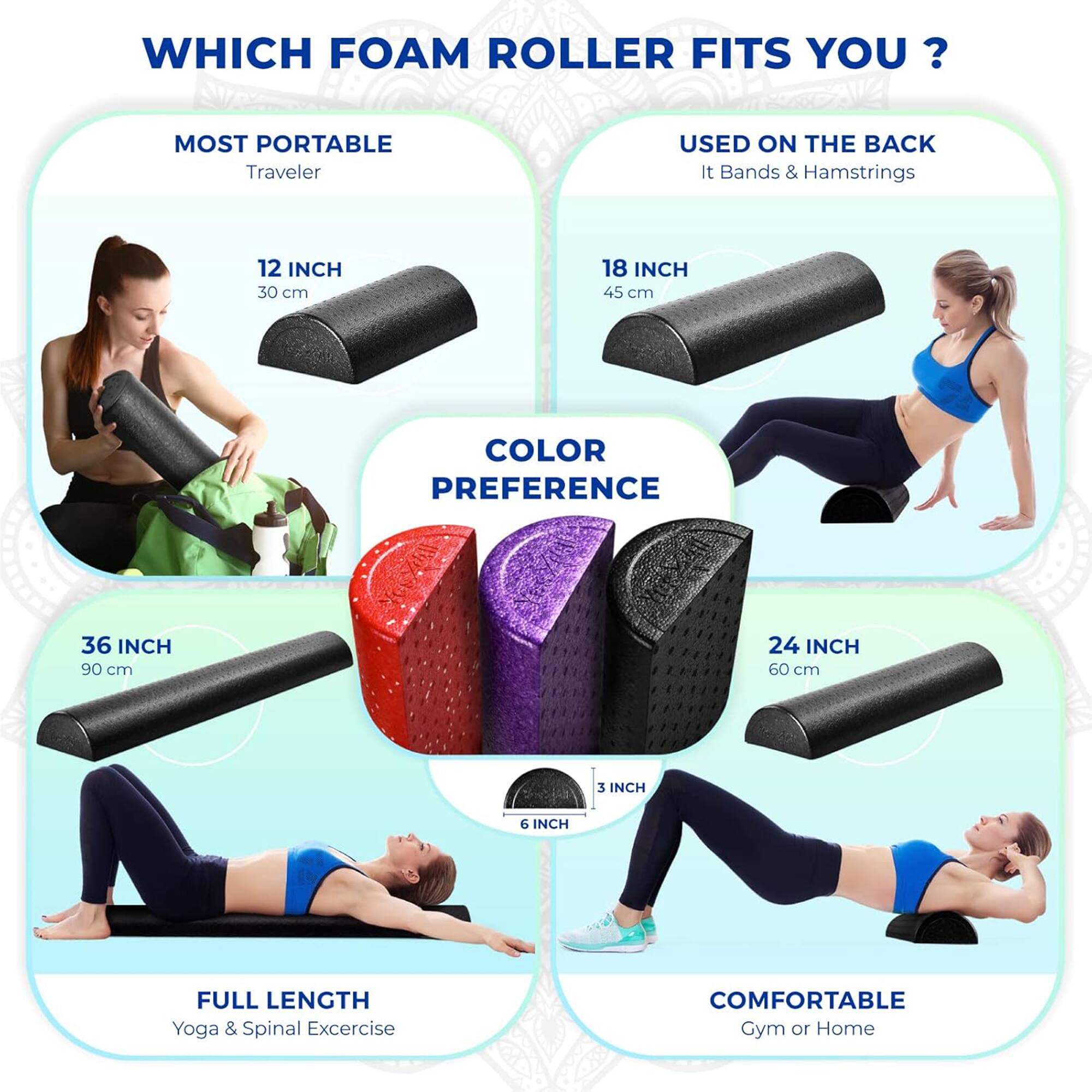 WHICH FOAM ROLLER FITS YOU?

MOST PORTABLE
Traveler

USED ON THE BACK
It Bands & Hamstrings

12 INCH
30 cm

18 INCH
45 cm

COLOR PREFERENCE

36 INCH
90 cm

24 INCH
60 cm

3 INCH

6 INCH

FULL LENGTH
Yoga & Spinal Exercise

COMFORTABLE
Gym or Home