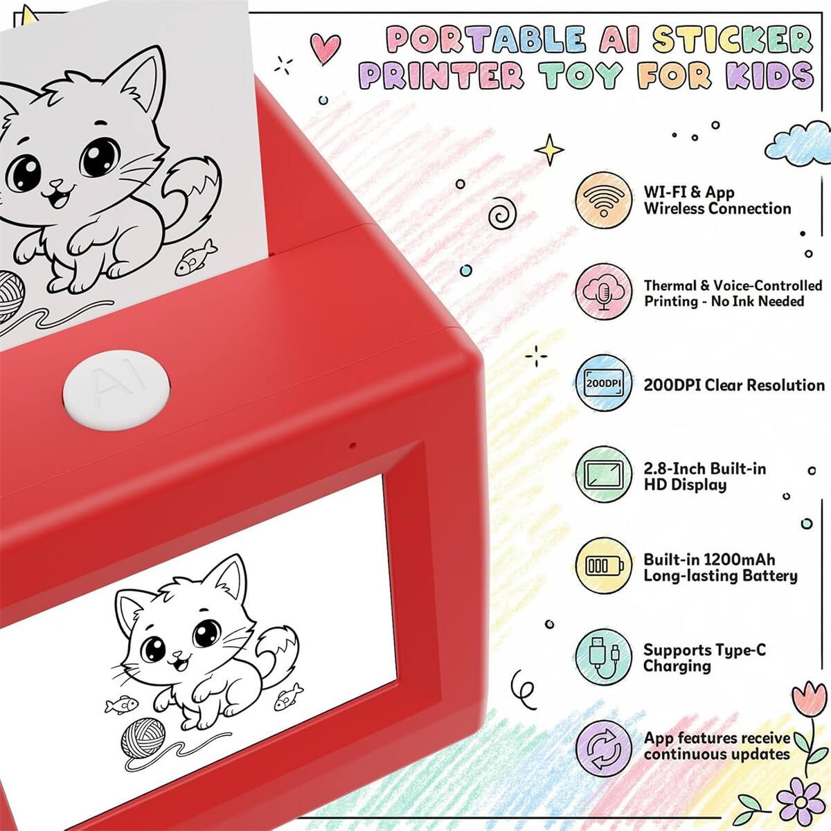 PORTABLE AI STICKER PRINTER TOY FOR KIDS

- WI-FI & App Wireless Connection
- Thermal & Voice-Controlled Printing - No Ink Needed
- 200DPI Clear Resolution
- 2.8-Inch Built-in HD Display
- Built-in 1200mAh Long-lasting Battery
- Supports Type-C Charging
- App features receive continuous updates