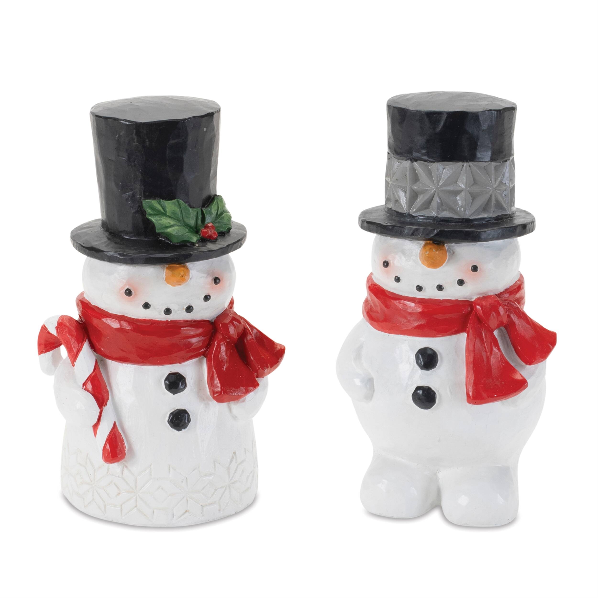 Front. BreeBe - Winter Snowman Figurine (Set of 2) - White, Red, Silver.