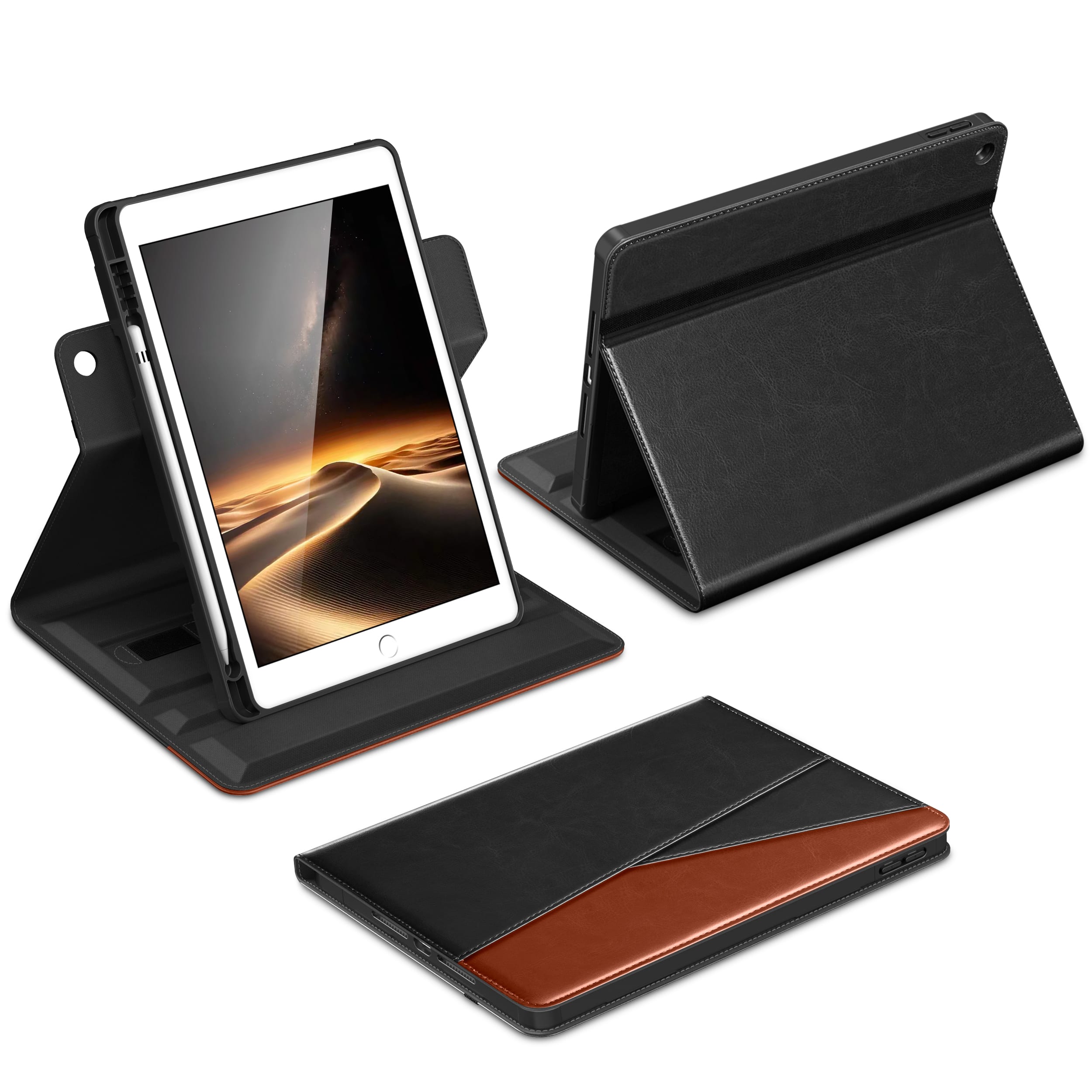 DTTO - Case for iPad 9th / 8th / 7th Generation 10.2-Inch – 360° Rotating Premium Leather Folio Stand Cover with Pencil Holder - Black Brown
