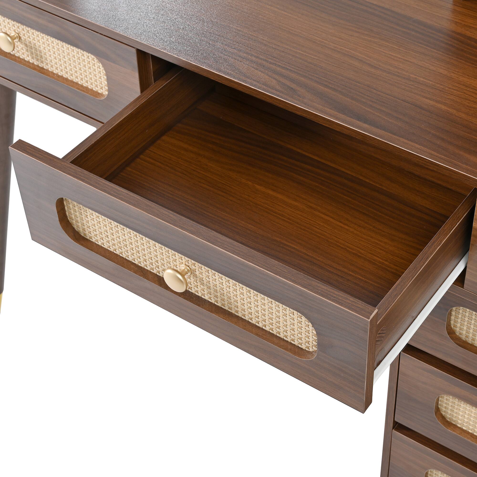 Alt View 2. Lirago - Vintage Dark Walnut  Makeup Vanity Desk Rattan Dresser Table 47.24"H x 13.78"D x 47.24"W - Brown.