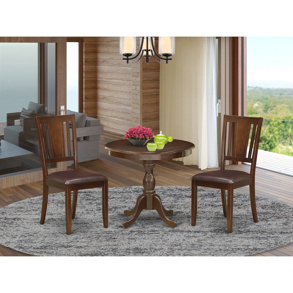 Alt View 2. East West Furniture - AMDU3-MAH-LC 3 Piece Modern Dining Table Set Contains 1 Round Pedestal Table and 2 Mahogany Faux Leather Kitchen Chair - Mahogany.