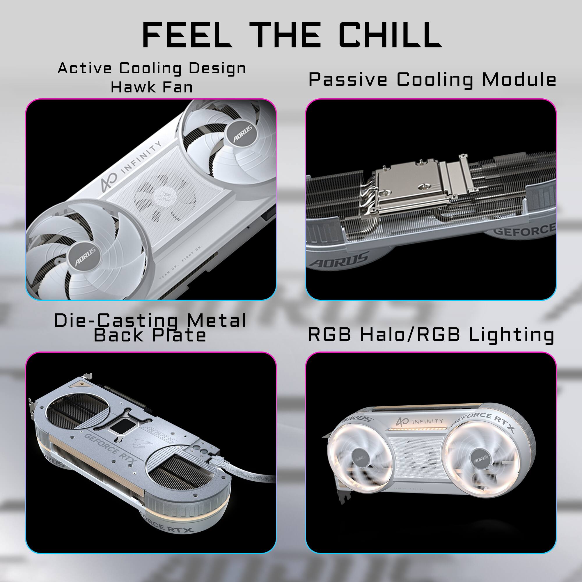 FEEL THE CHILL

Active Cooling Design
Hawk Fan

Passive Cooling Module

Die-Casting Metal Back Plate

RGB Halo/RGB Lighting
