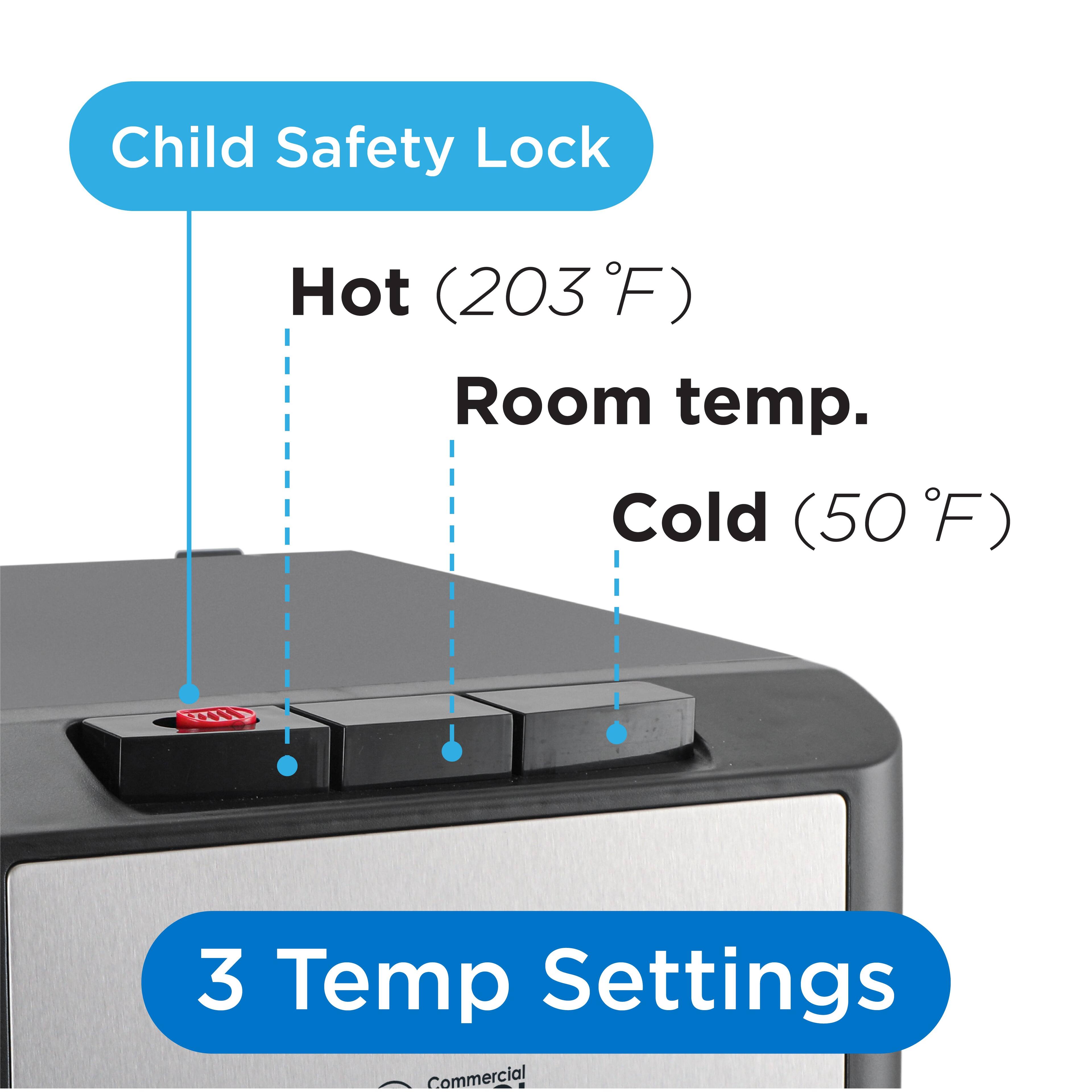 Child Safety Lock

Hot (203°F)

Room temp.

Cold (50°F)

3 Temp Settings

Commercial