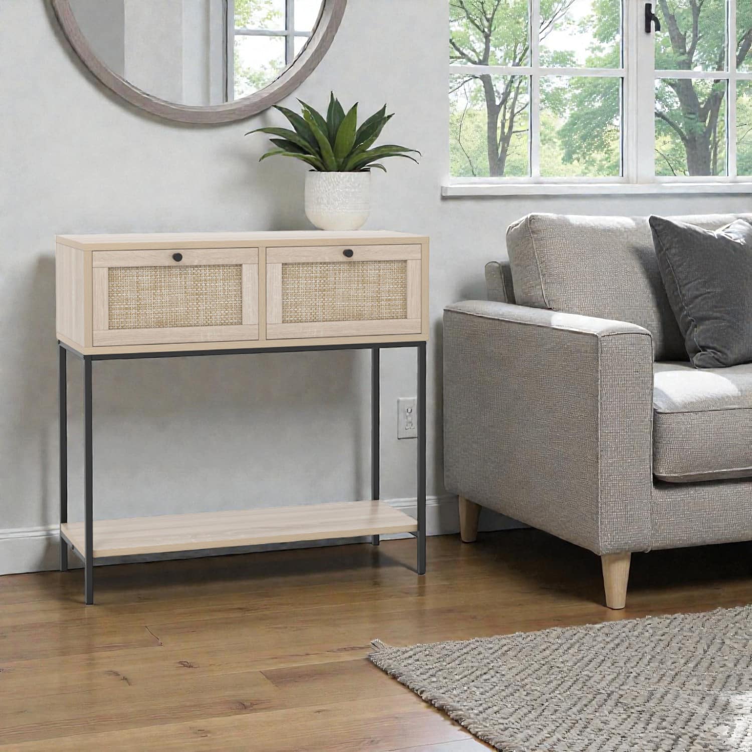 Hivvago - Handwoven Rattan Table with Open Shelf and Double Drawer Design - Oak