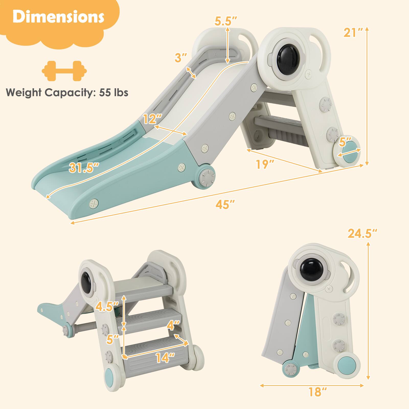 Dimensions:  
- 5.5"  
- 21"  
- 3"  
- 12"  
- 31.5"  
- 19"  
- 45"  
- 24.5"  
- 4.5"  
- 4"  
- 14"  
- 18"  

Weight Capacity: 55 lbs