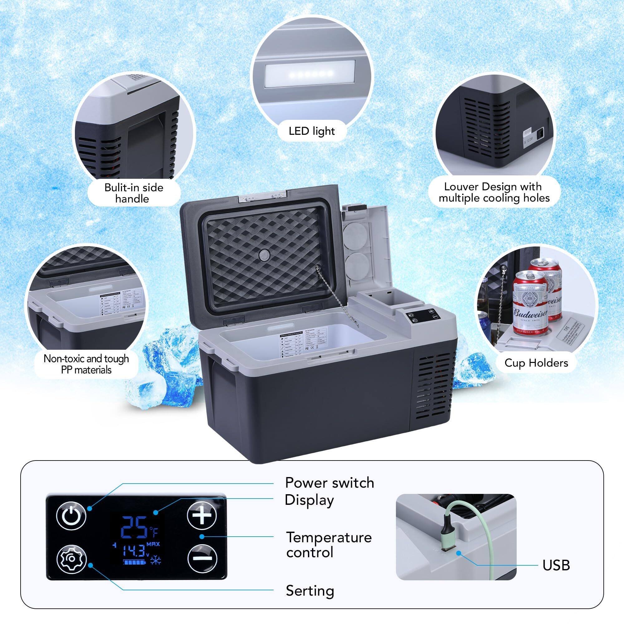 - LED light
- Built-in side handle
- Louver Design with multiple cooling holes
- Non-toxic and tough PP materials
- Cup Holders
- Power switch
- Display
- Temperature control
- USB
- Setting