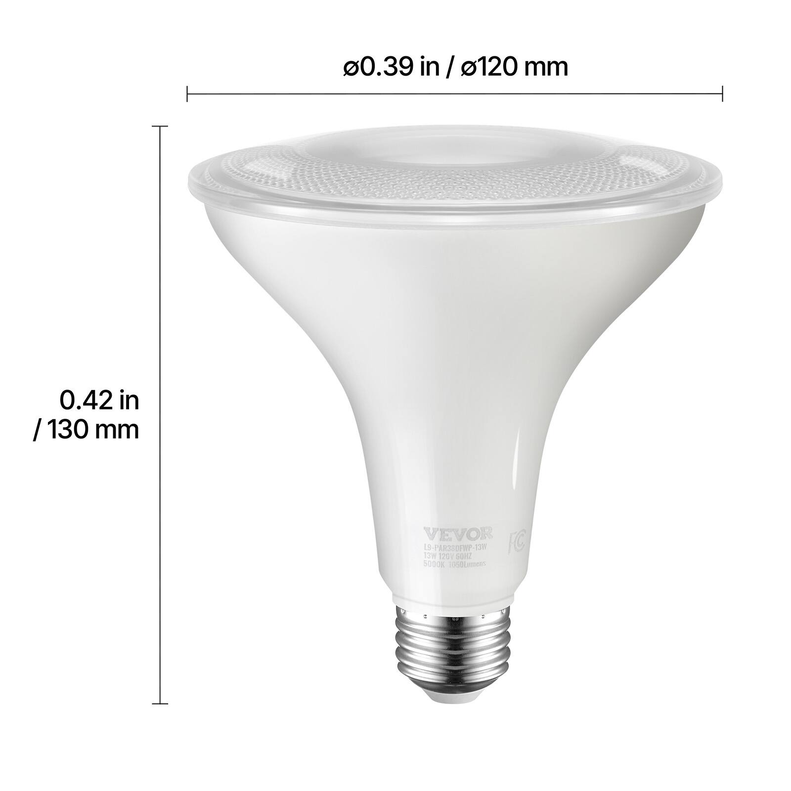 0.39 in / 120 mm  
0.42 in / 130 mm  

VEVOR  
FC  
125V  
SOHZ  
5000K  
1050 Lumen