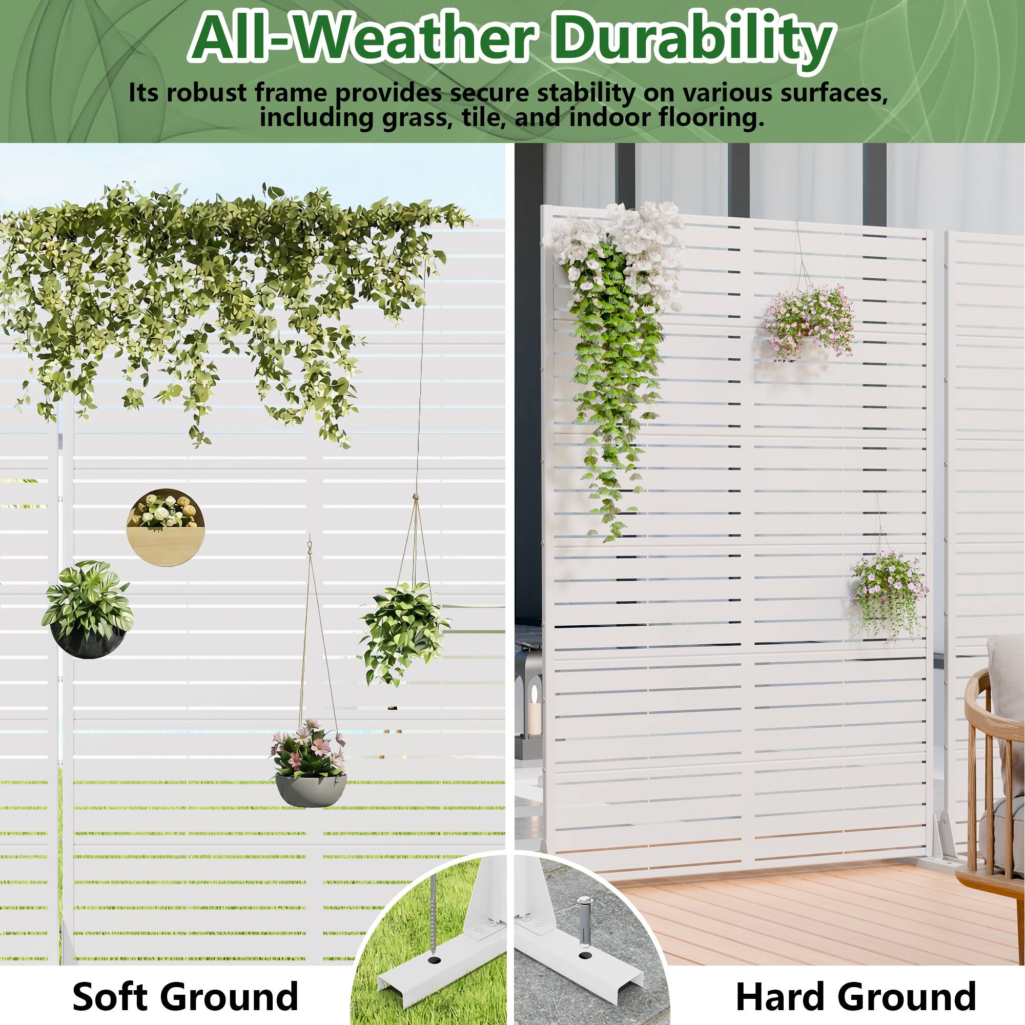 All-Weather Durability  
Its robust frame provides secure stability on various surfaces, including grass, tile, and indoor flooring.  

Soft Ground  
Hard Ground