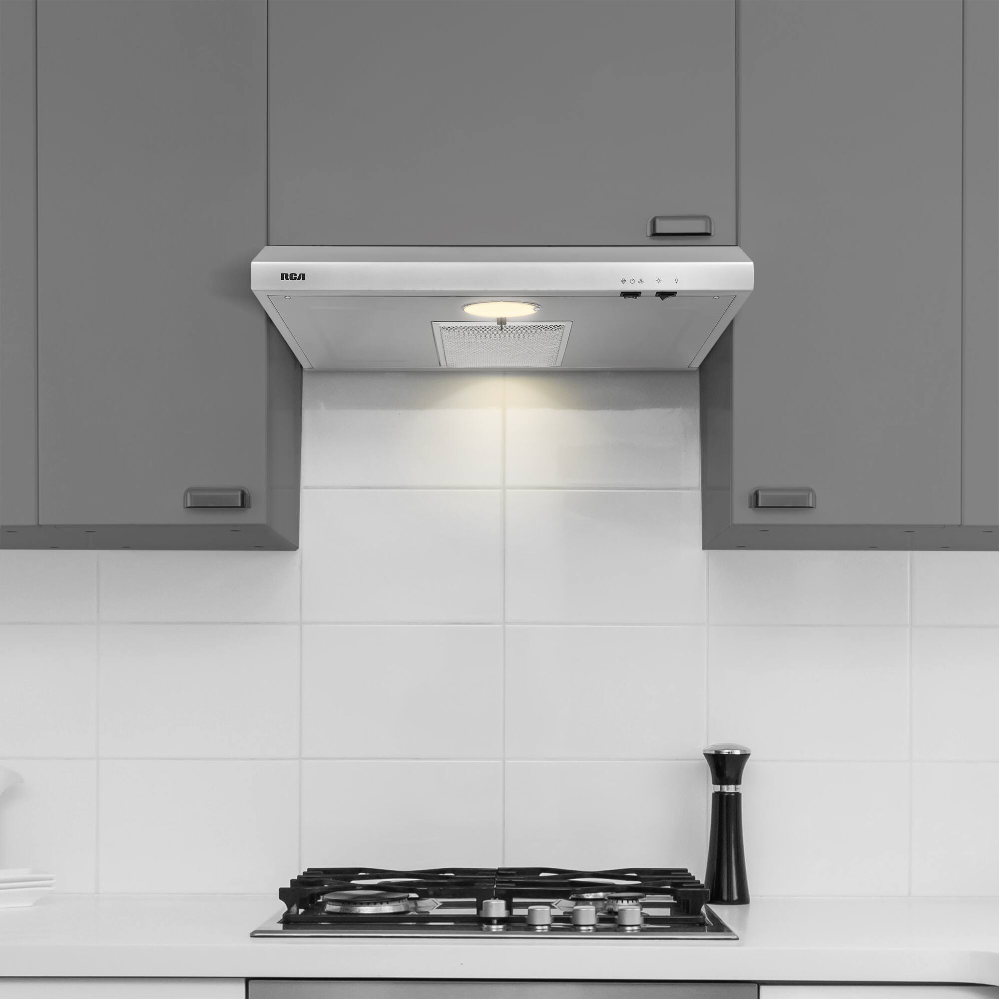 Angle. RCA - R-RHUCC30SSS 30 in. Century Collection Ductless 160 CFM Under Cabinet Range Hood, Reusable Filter, Light - Stainless Steel.