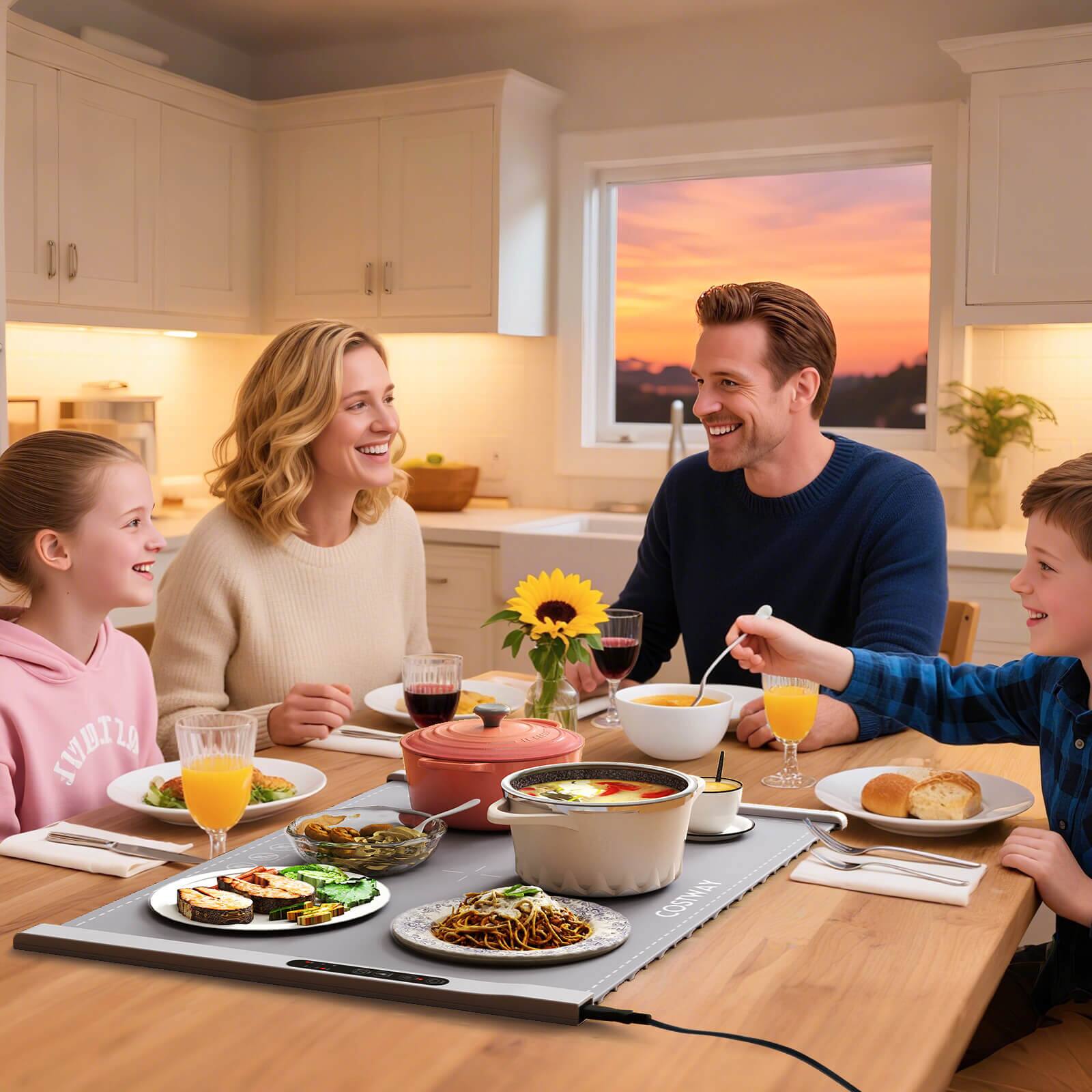 The text in the image reads:

- "SMBILO COSIAY" (This appears to be a misspelling or a non-standard phrase and does not seem to be part of the image's context.)
- "COWIN" (This is likely a brand name on the induction cooktop.)

The rest of the text is part of the clothing and items on the table, such as "LOVE" on the girl's hoodie and "COWIN" on the induction cooktop.