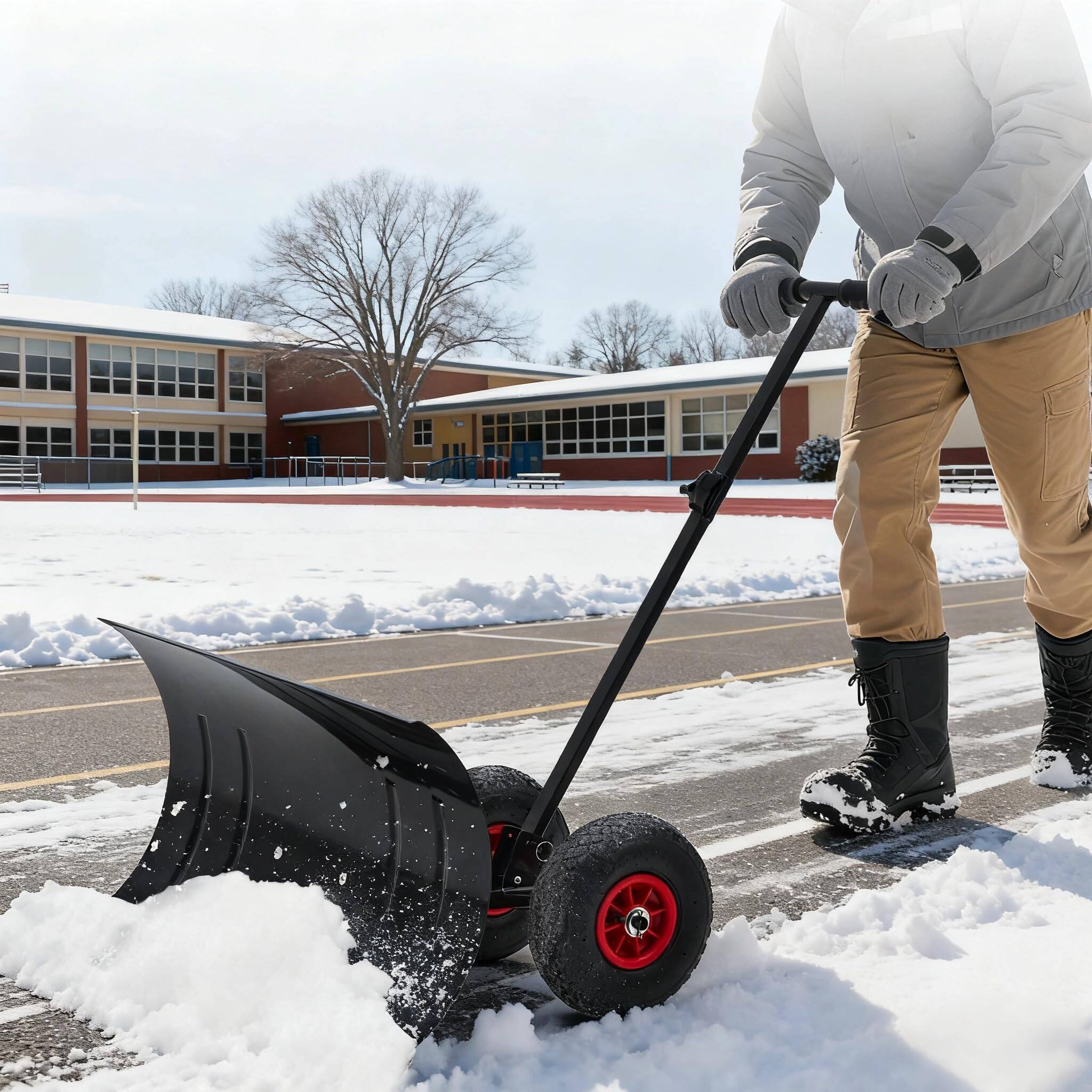 Front. Qeetex - 29" Wide Snow Shovel with Wheels, Adjustable Handle & Angled Blade for Driveway, Sidewalk, & Pathway - Black.