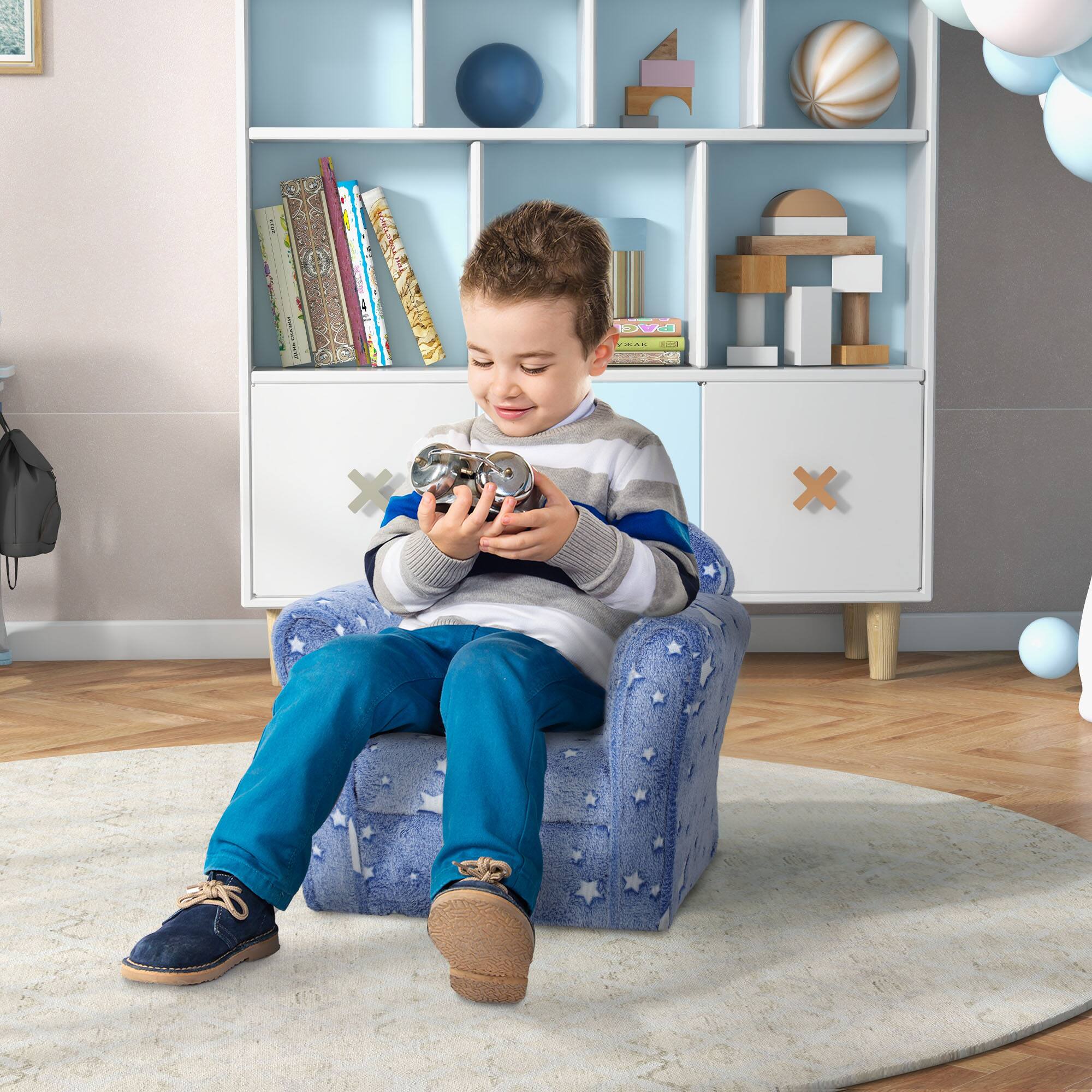 Angle. Qaba - Kids Sofa Chair, Toddler Sofa with Glow in The Dark Fairy Design & Wooden Frame, Upholstered Baby Armrest Chair - Blue.
