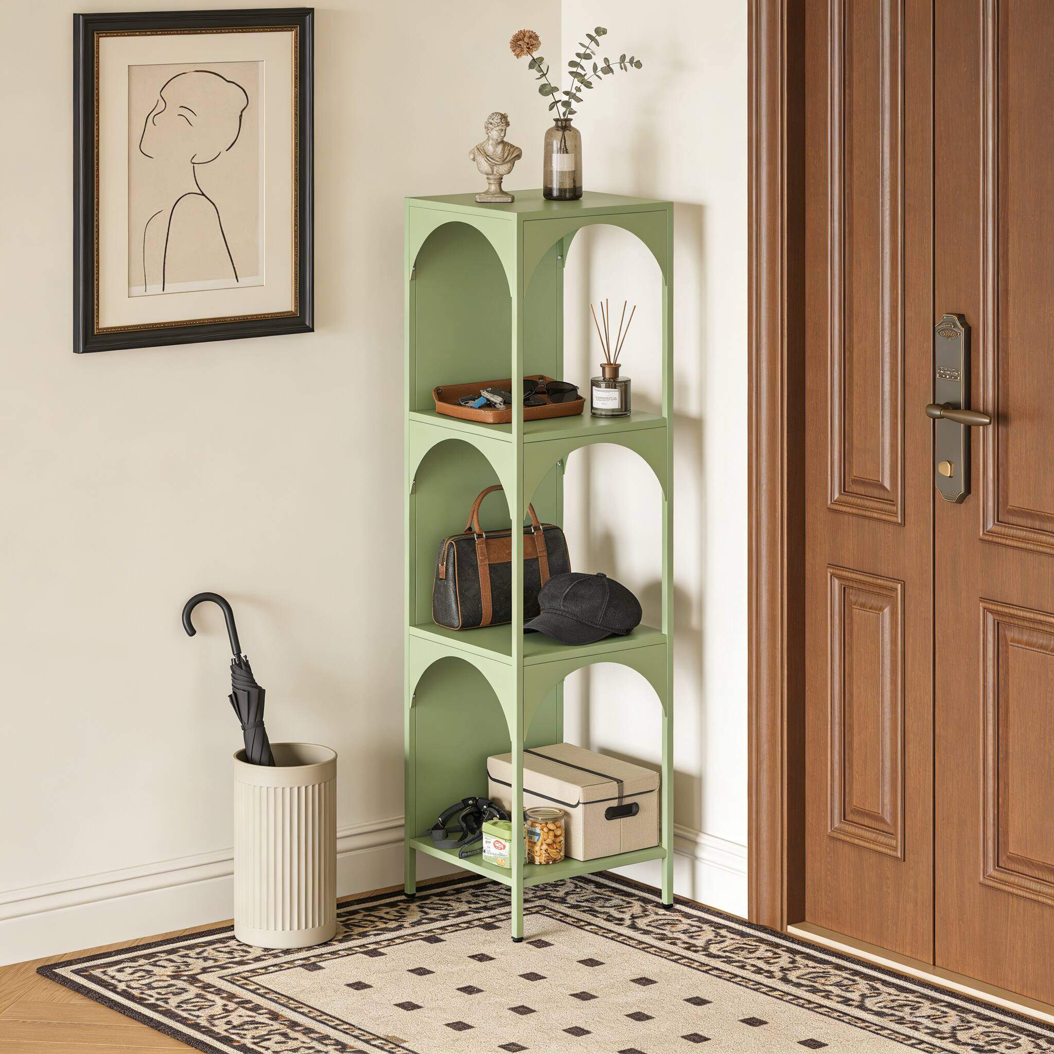 Left. Malletson - 4-Tier Corner Display Shelf, Modern Green Metal Storage Organizer for Home & Office - Green.