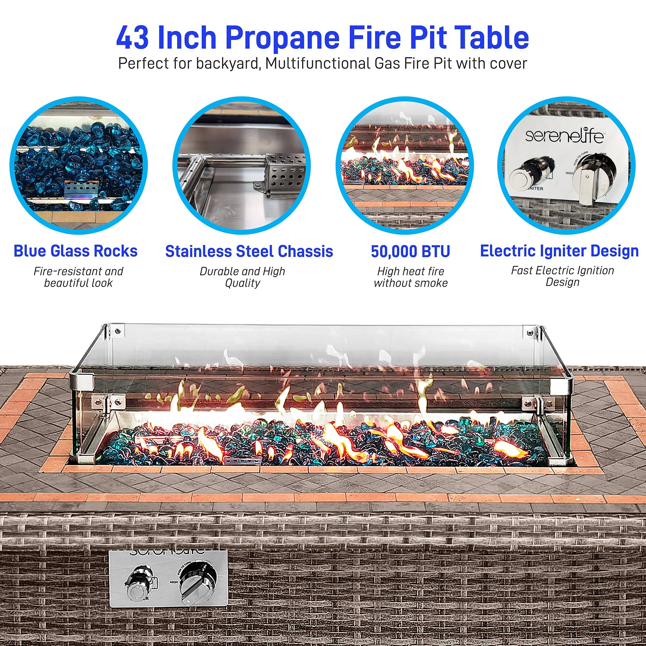 43 Inch Propane Fire Pit Table  
Perfect for backyard, Multifunctional Gas Fire Pit with cover  

- Blue Glass Rocks  
  Fire-resistant and beautiful look  

- Stainless Steel Chassis  
  Durable and High Quality  

- 50,000 BTU  
  High heat fire without smoke  

- Electric Igniter Design  
  Fast Electric Ignition Design