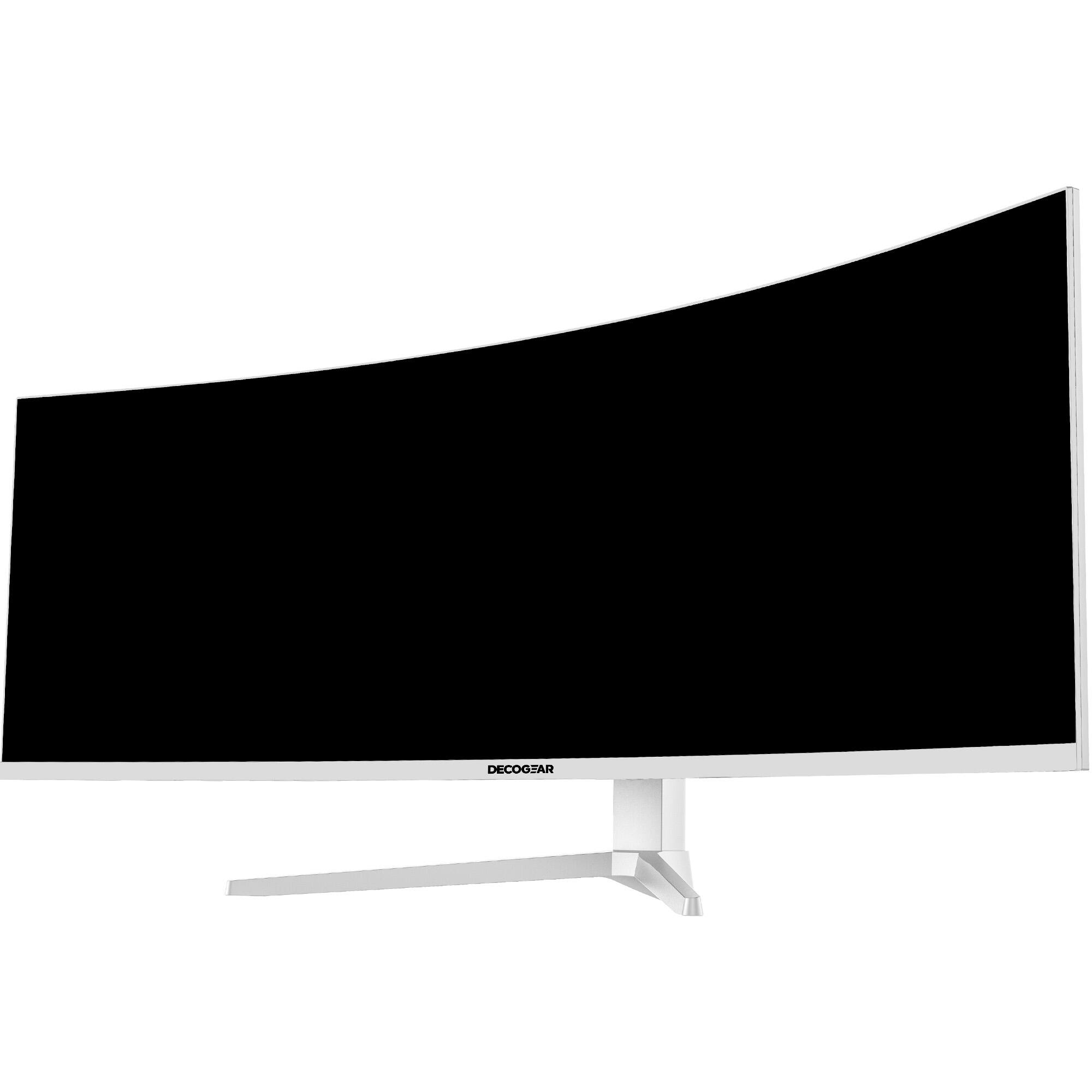 Left. Deco Gear - 49” Curved Ultrawide Monitor, 144Hz, HDR, 3840×1080 WDFHD, Adaptive-Sync, HDMI 2.1, DP 1.4, Gaming & Work - White.