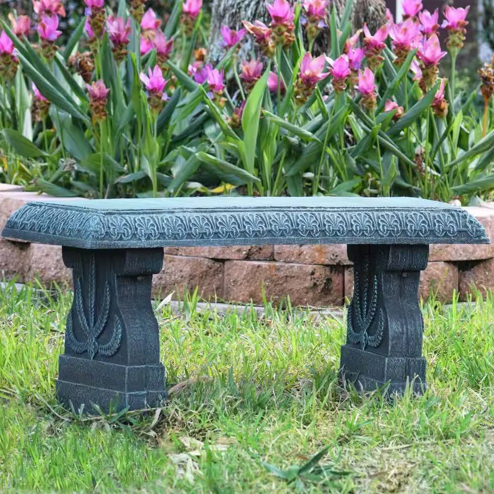 Left. Hivvago - Black Fiber-Clay Resin Outdoor Garden Bench in Stone Finish - Brushed Teal.
