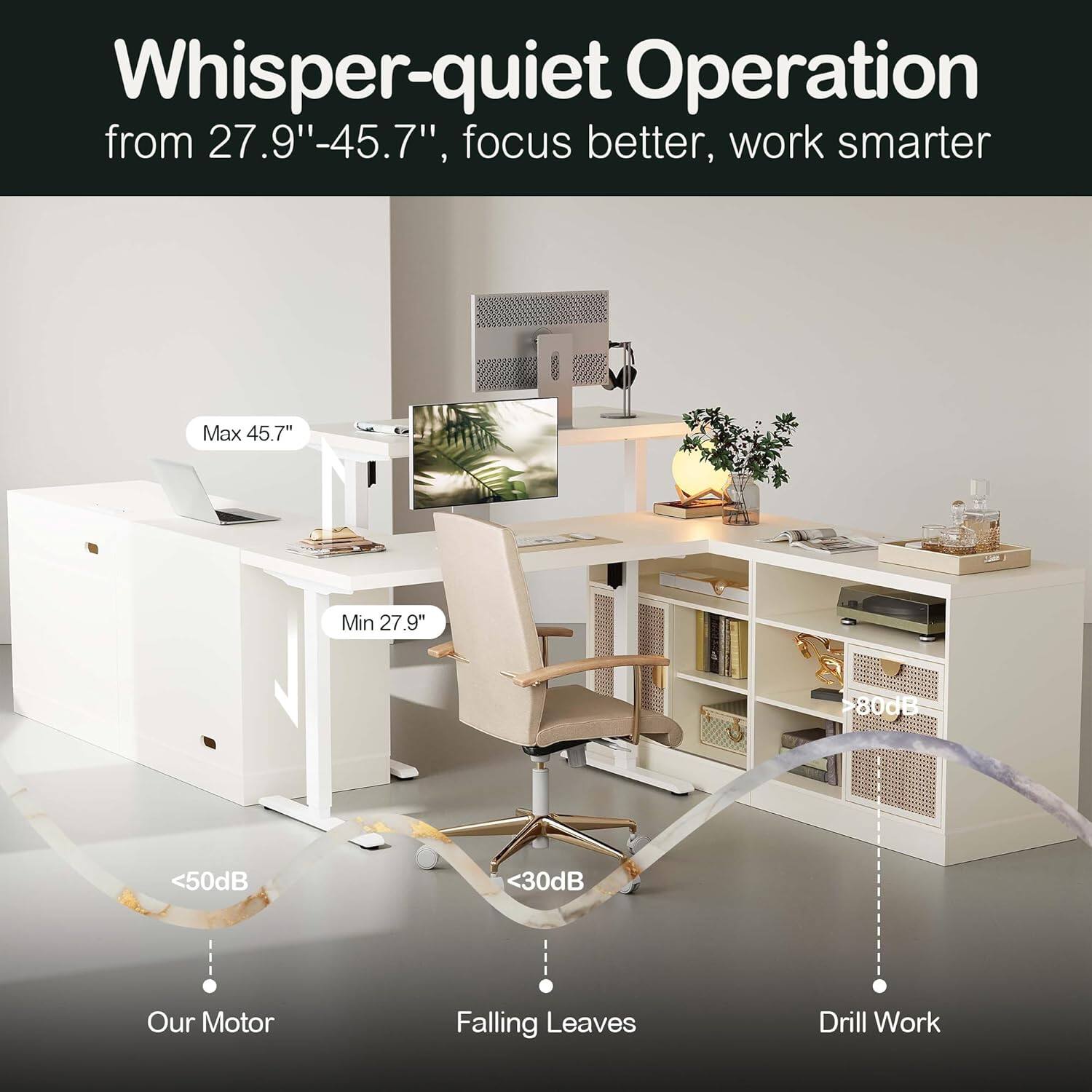 Whisper-quiet Operation from 27.9" - 45.7", focus better, work smarter

Max 45.7"
Min 27.9"

<50dB
<30dB

Our Motor
Falling Leaves
Drill Work