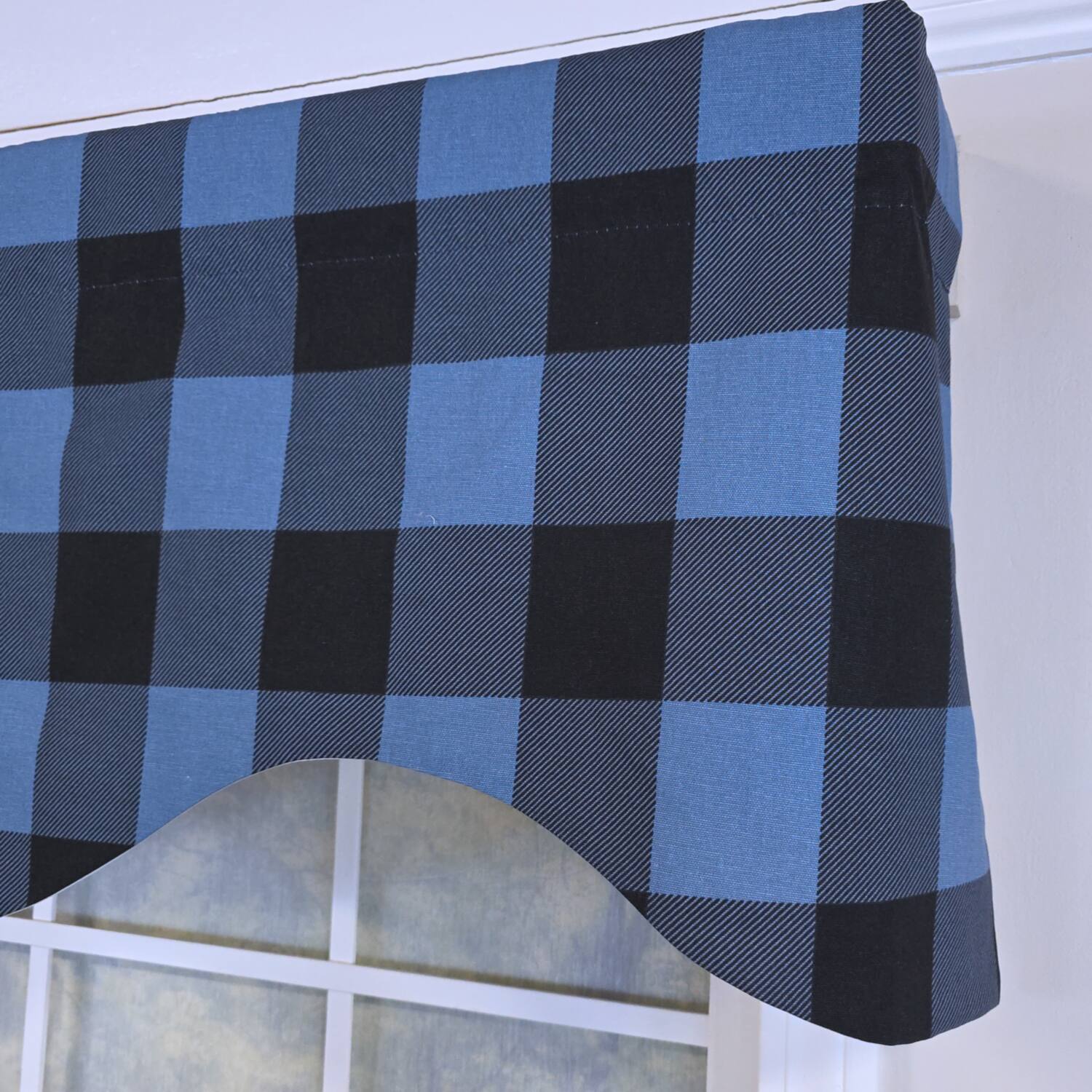 Left. RLF Home - RLF Home 100% Cotton Barnyard Check  Cornice  Fully lined Windows Rod Pocket Valance 50" x 17"  Blue - Blue.