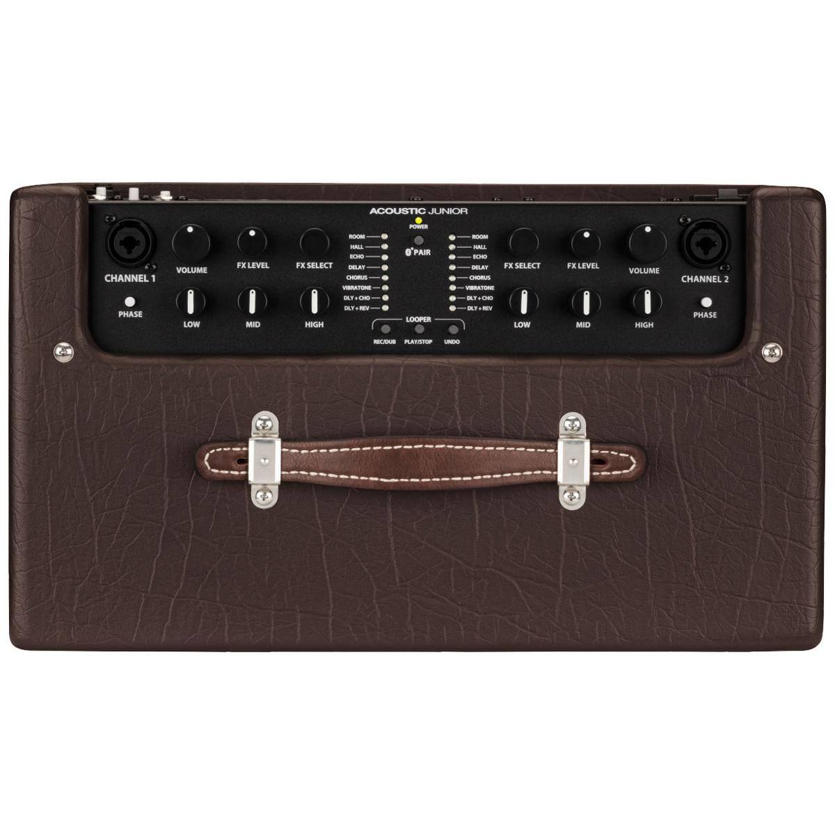 ACOUSTIC JUNIOR

CHANNEL 1
- VOLUME
- FX LEVEL
- FX SELECT
- PHASE
- LOW MID HIGH

FX SELECT
- ROOM
- ROLL
- ECHO
- CHORUS
- DELAY
- REVERB

CHANNEL 2
- VOLUME
- FX LEVEL
- FX SELECT
- PHASE
- LOW MID HIGH

FX SELECT
- ROOM
- ROLL
- ECHO
- CHORUS
- DELAY
- REVERB

- LOOPER
- STOP
- UNDO

- REC/STOP
- PLAY