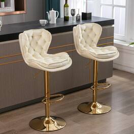 GOODSILO - Set of 2 Adjustable Swivel Bar Stools with Chrome Footrest and Velvet Upholstery - Cream