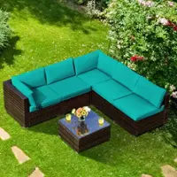 Costway 6PCS Patio Rattan Furniture Set Cushioned Sofa Coffee Table - Turquoise - Front_Zoom
