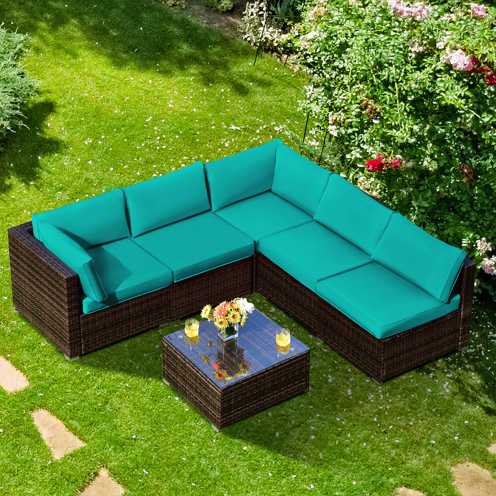 Alt View 1. Costway - 6PCS Patio Rattan Furniture Set Cushioned Sofa Coffee Table - Turquoise.