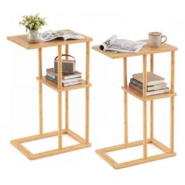 Gymax - Side Table Set of 2 w/Storage Shelves & Bamboo Construction for Living Room - Yellow