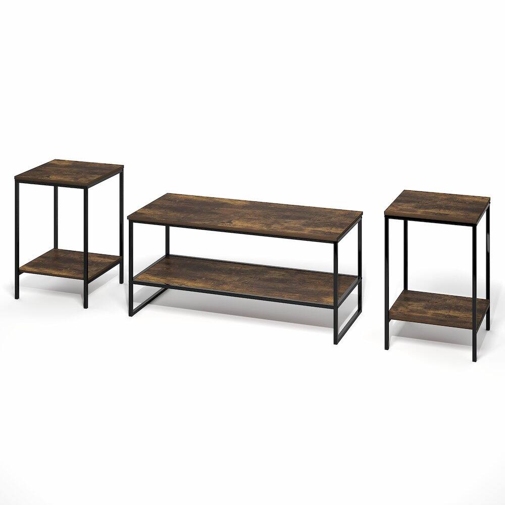 Left. Furinno - SIMPLISTIC Coffee Table and End Table Set of 3, Modern Metal Frame Coffee Table & 2 Square Side Tables, Night Stands Set - Amber Pine.