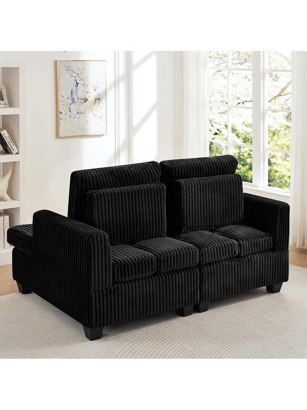 Alt View 1. Trinkets Crazed - 61 Inch Corduroy Love Seat Sofa Couch With Square Armrest,Loveseat Sleeper Couch With Adjustable Back,Double Lounge - Black.