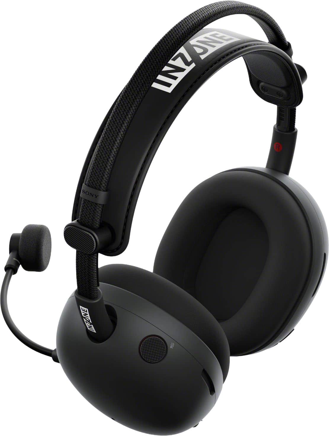The text on the image reads:
- "INZONE" (on the headband)
- "SONY" (on the side of the earcup)
- "INZONE" (on the microphone)