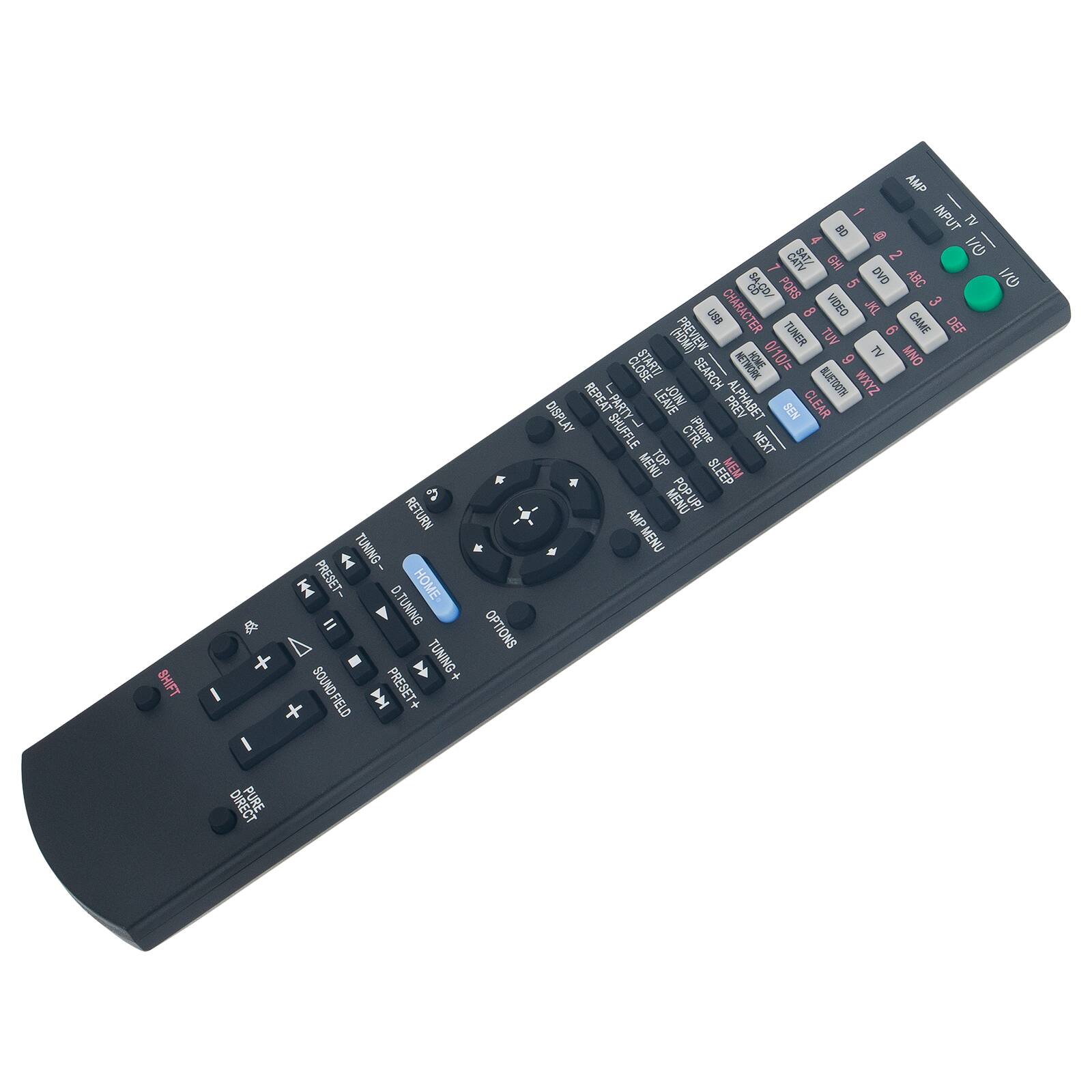 SHIFT I 4 + I 2 RETURN  
TUNING- PRESET- HOME = O.TUNING  
TUNING 4 SOUND FIELD PRESET+ OPTIONS  
AMP 1 INPUT TV SD D 4 | E 2 5 GHI 5 DVD ABC 5 s PORS VIDEO 3 88 CHARACTER 8 TA TUNER S GAME DEF FRN TUV 0/10/= 6 TV MNO  
STARTI SEARCH RELADEX REPEAT INFOr BLUETDOTH ZAXM DISPLAY  
LPARTY L LEAVE PREV ALPHABET SEN CLEAR SHUFFLE NEXT MENU TOP MEM SLEEP MENU POPU AMPMENU AMP DIRECT PURE